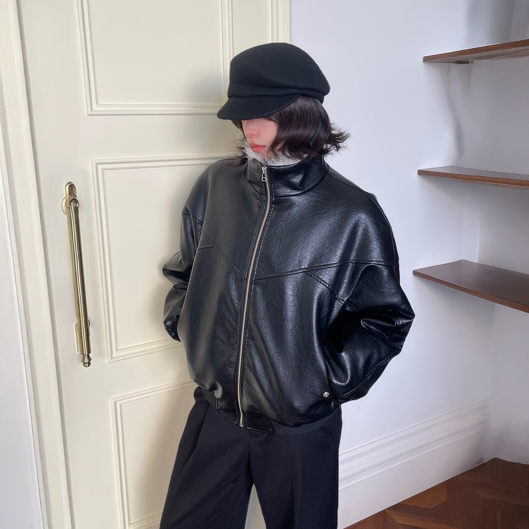 OKAYTHXBYE Faux Leather Fur-Lined Bomber