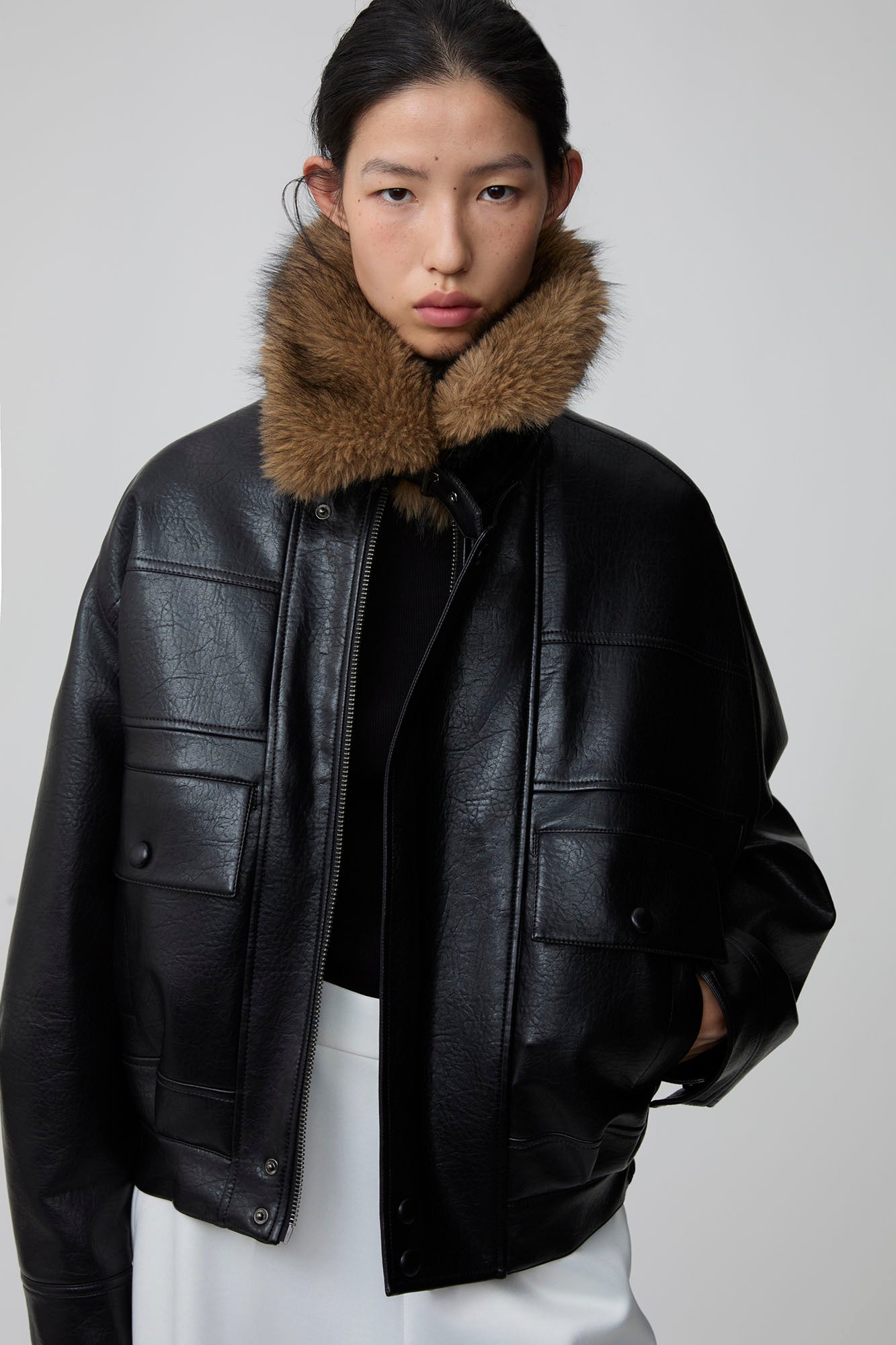 OPICLOTH Detachable Faux Fur-Collar PU Bomber, premium urban and streetwear designers apparel on PROJECTISR.com, OPICLOTH