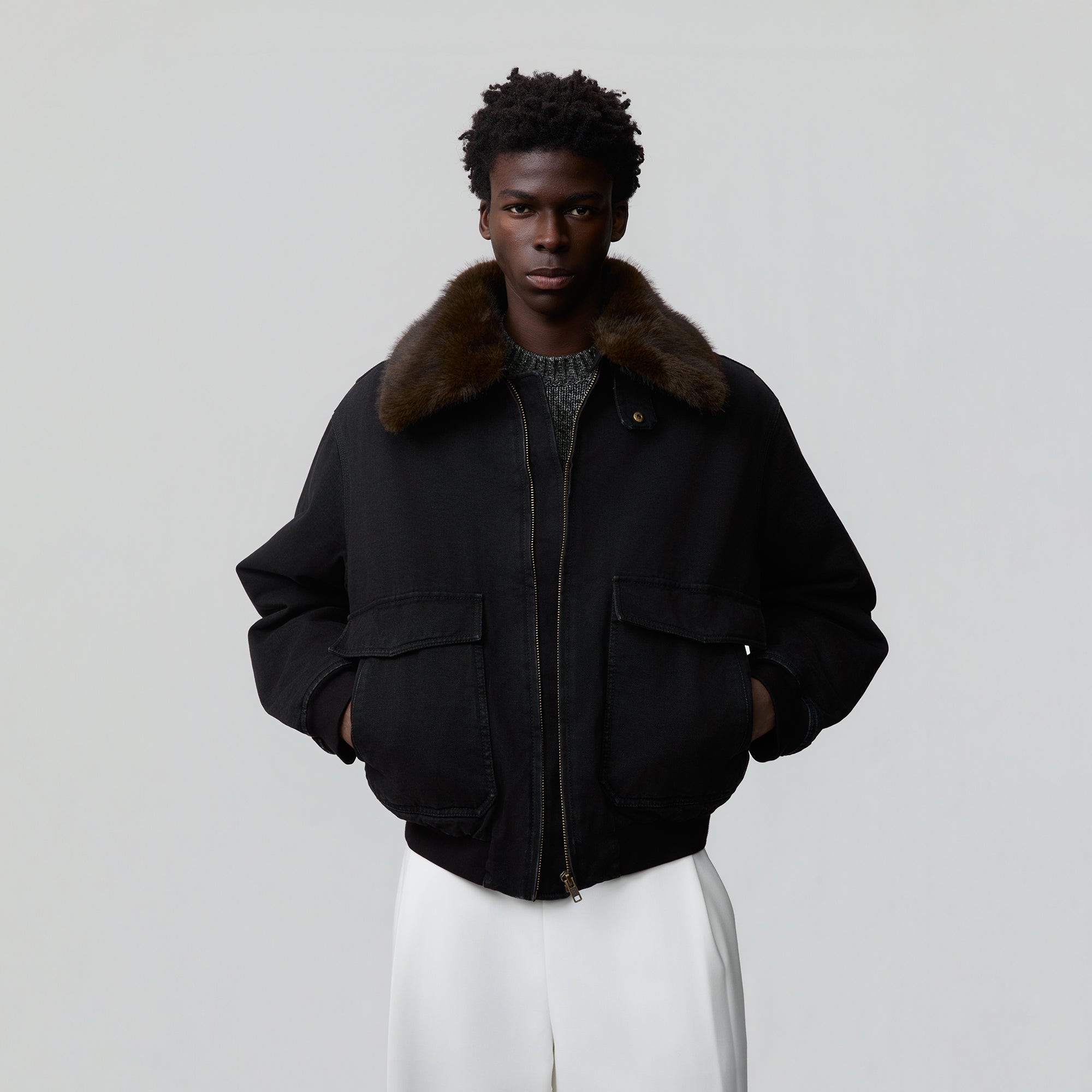 OPICLOTH Detachable Faux Fur Collar Padded Denim Jacket