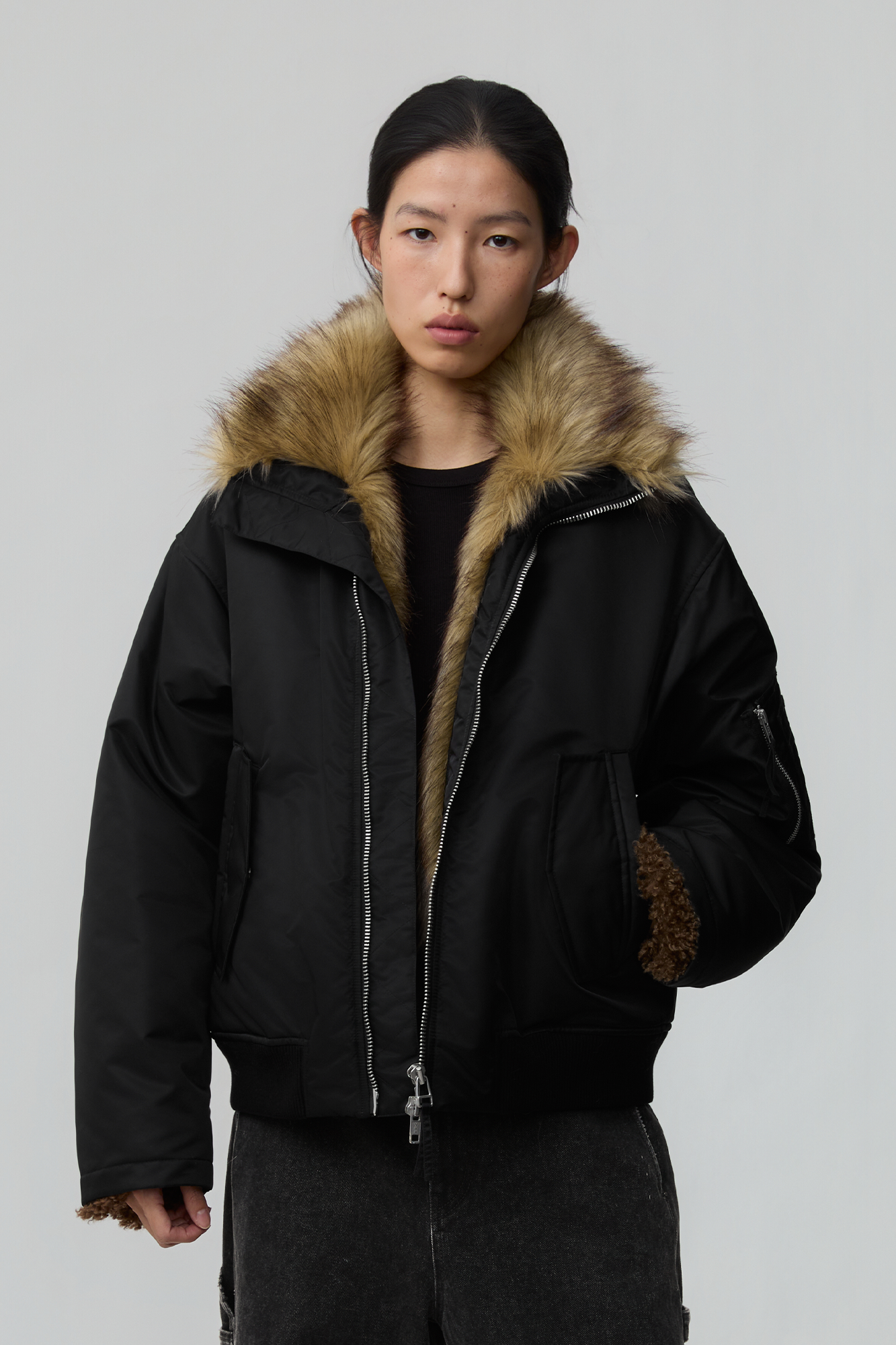 OPICLOTH Faux Fur-Lined Spliced Bomber Jacket, premium urban and streetwear designers apparel on PROJECTISR.com, OPICLOTH