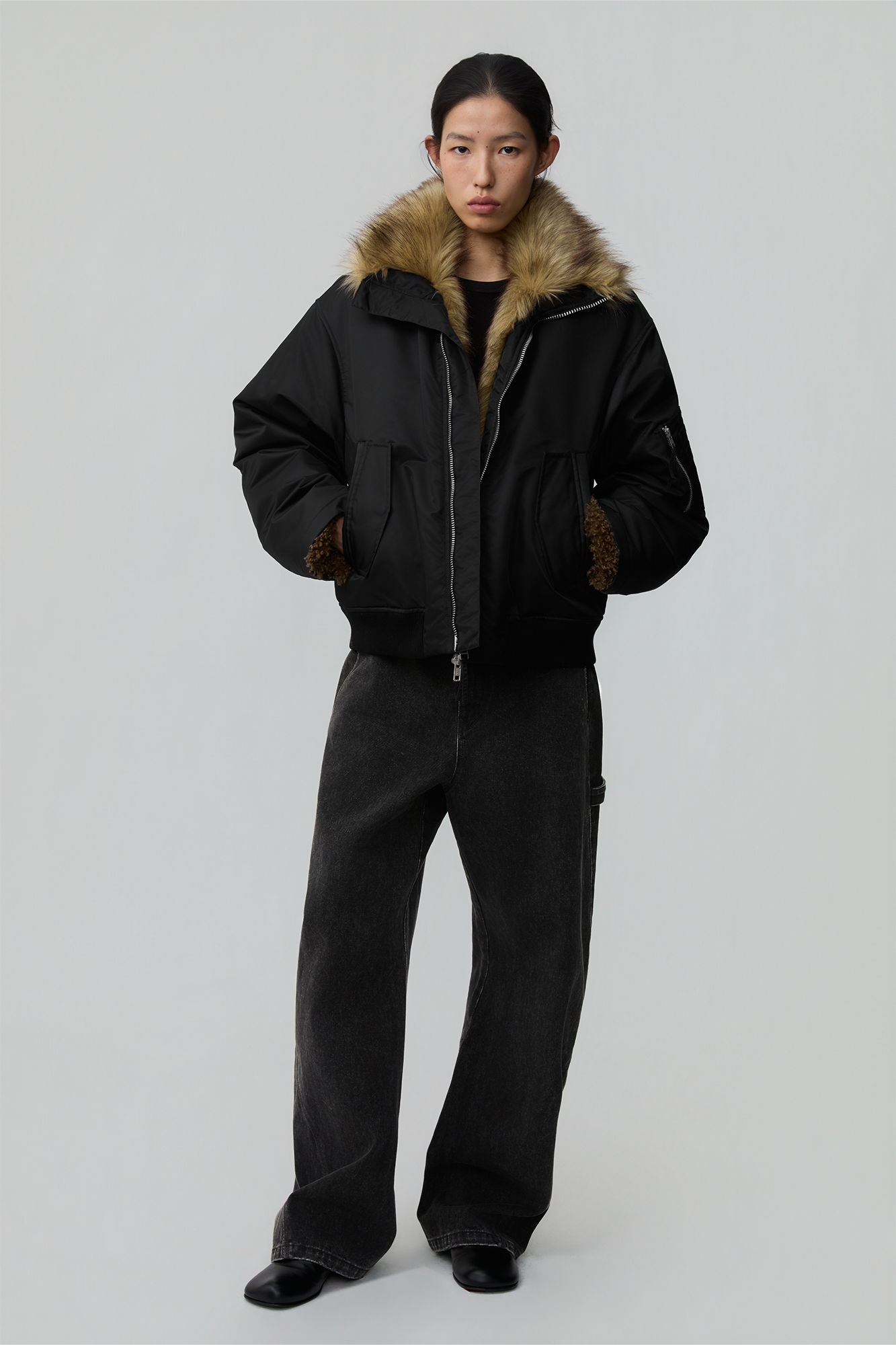 OPICLOTH Faux Fur-Lined Spliced Bomber Jacket