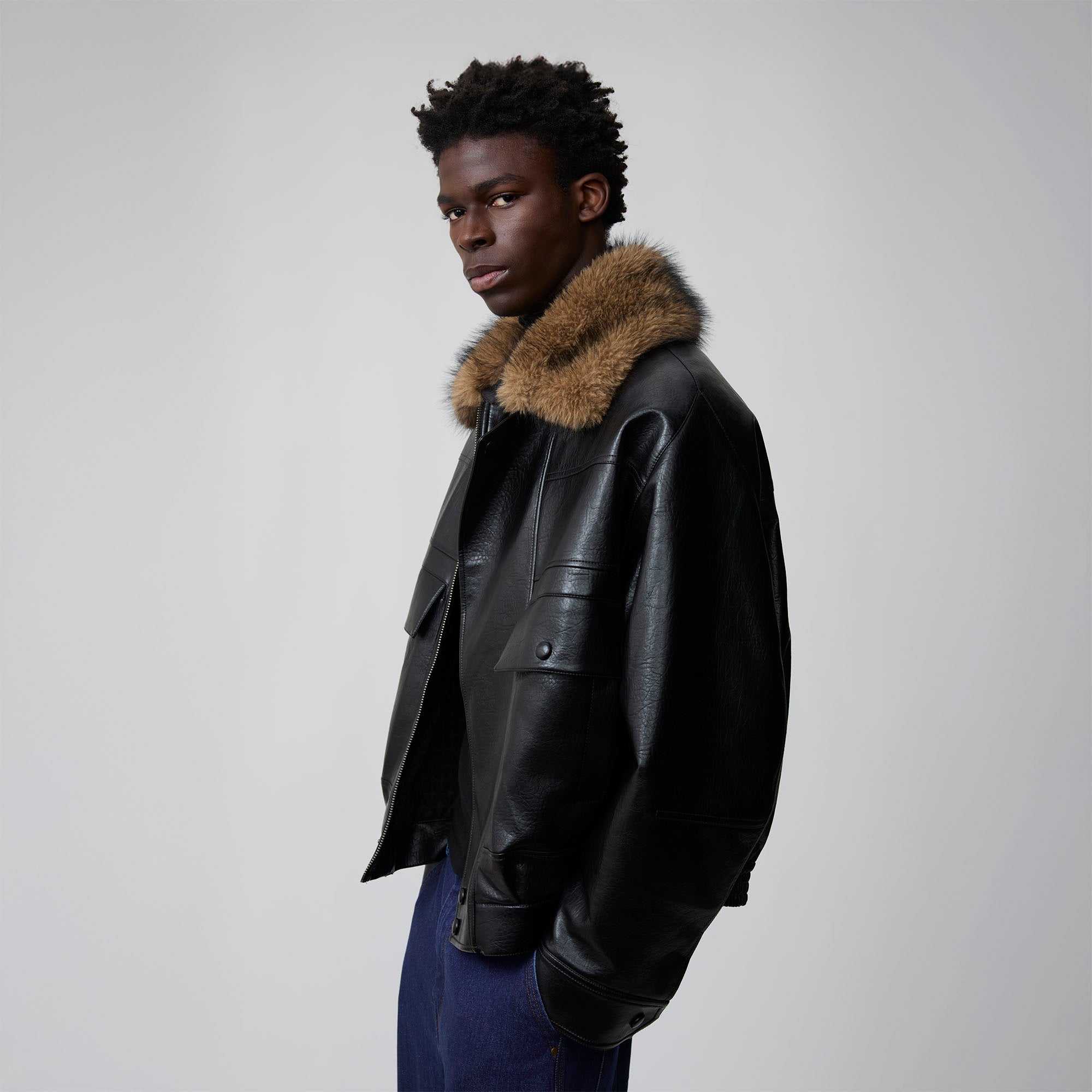 OPICLOTH Detachable Faux Fur-Collar PU Bomber