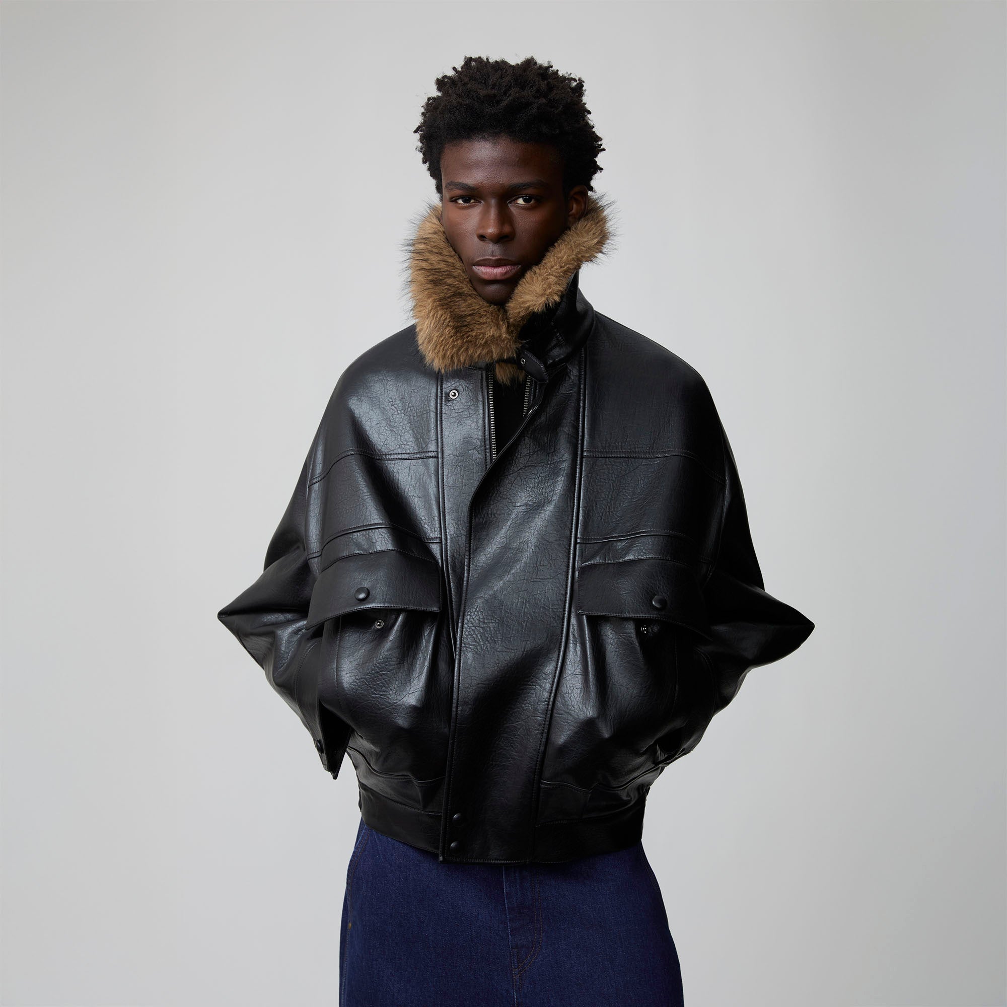 OPICLOTH Detachable Faux Fur-Collar PU Bomber