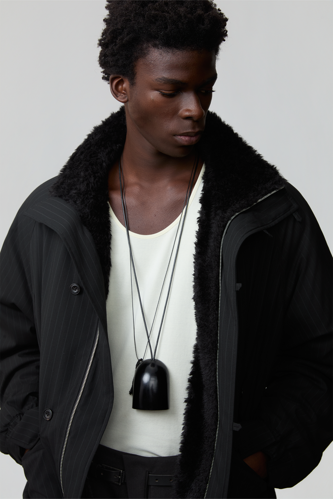 OPICLOTH Pinstriped Faux Fur-Lined Drawstring Jacket, premium urban and streetwear designers apparel on PROJECTISR.com, OPICLOTH