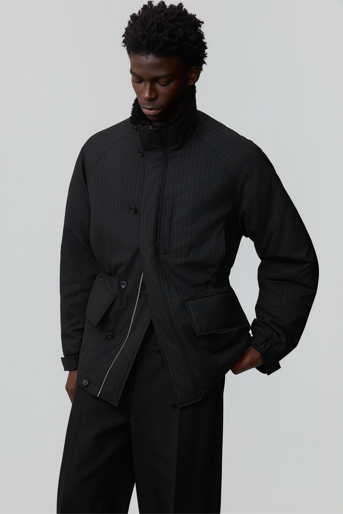 OPICLOTH Pinstriped Faux Fur-Lined Drawstring Jacket, premium urban and streetwear designers apparel on PROJECTISR.com, OPICLOTH