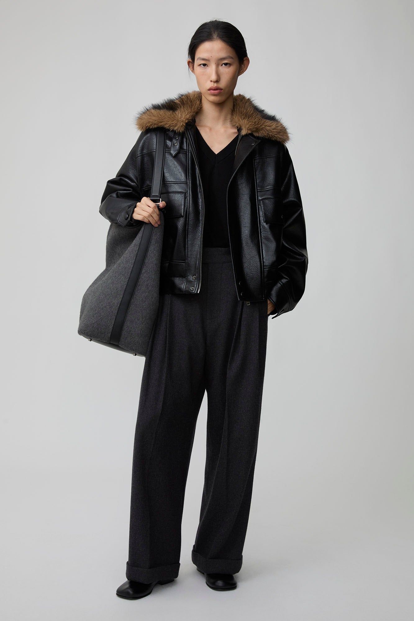 OPICLOTH Detachable Faux Fur-Collar PU Bomber, premium urban and streetwear designers apparel on PROJECTISR.com, OPICLOTH