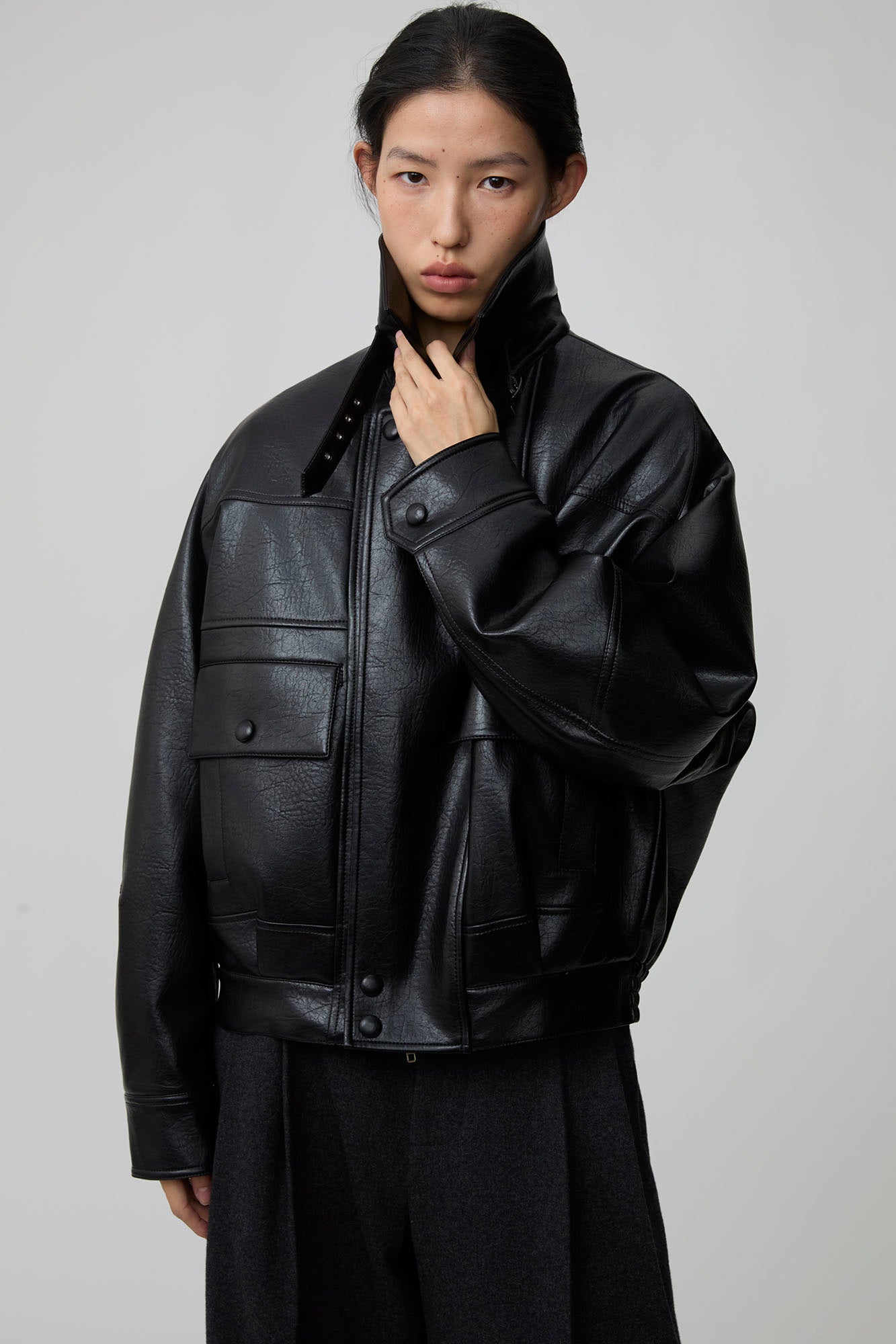 OPICLOTH Detachable Faux Fur-Collar PU Bomber