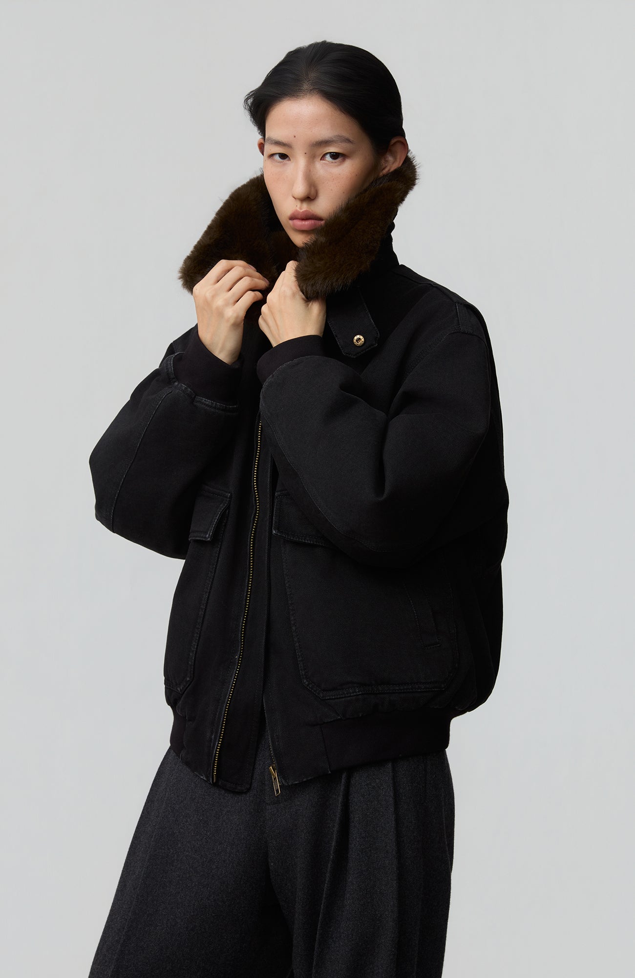 OPICLOTH Detachable Faux Fur Collar Padded Denim Jacket