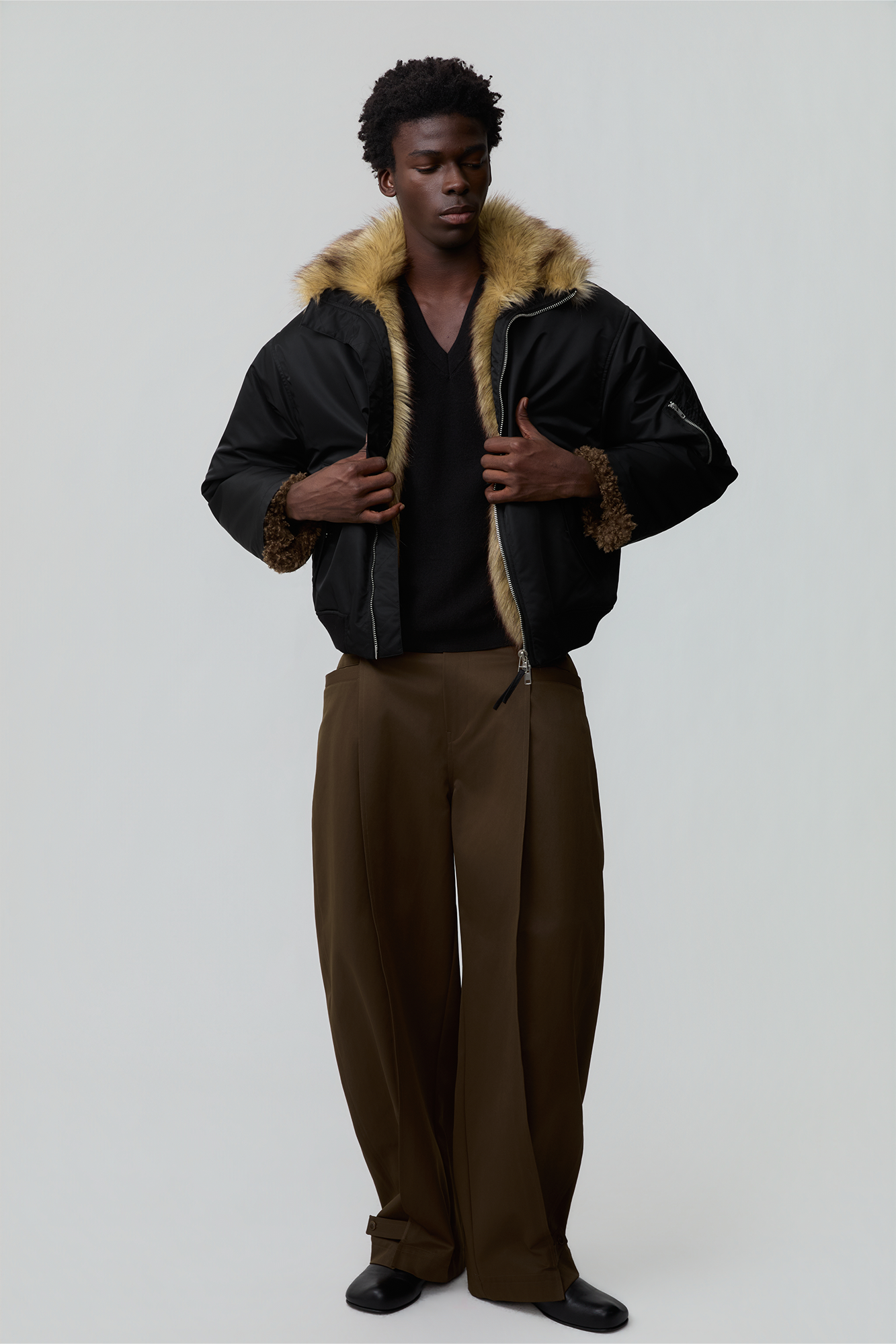 OPICLOTH Faux Fur-Lined Spliced Bomber Jacket, premium urban and streetwear designers apparel on PROJECTISR.com, OPICLOTH