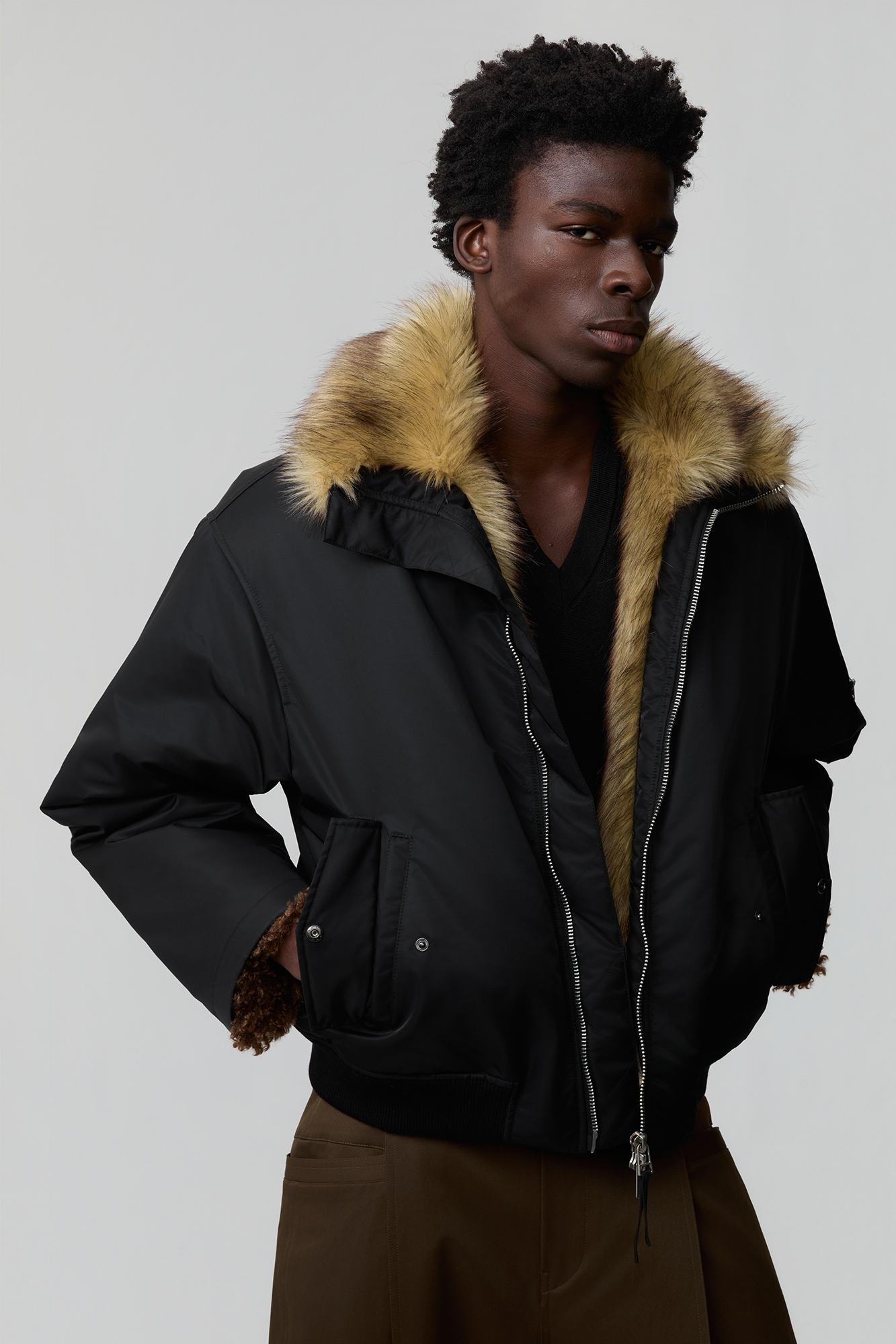 OPICLOTH Faux Fur-Lined Spliced Bomber Jacket, premium urban and streetwear designers apparel on PROJECTISR.com, OPICLOTH