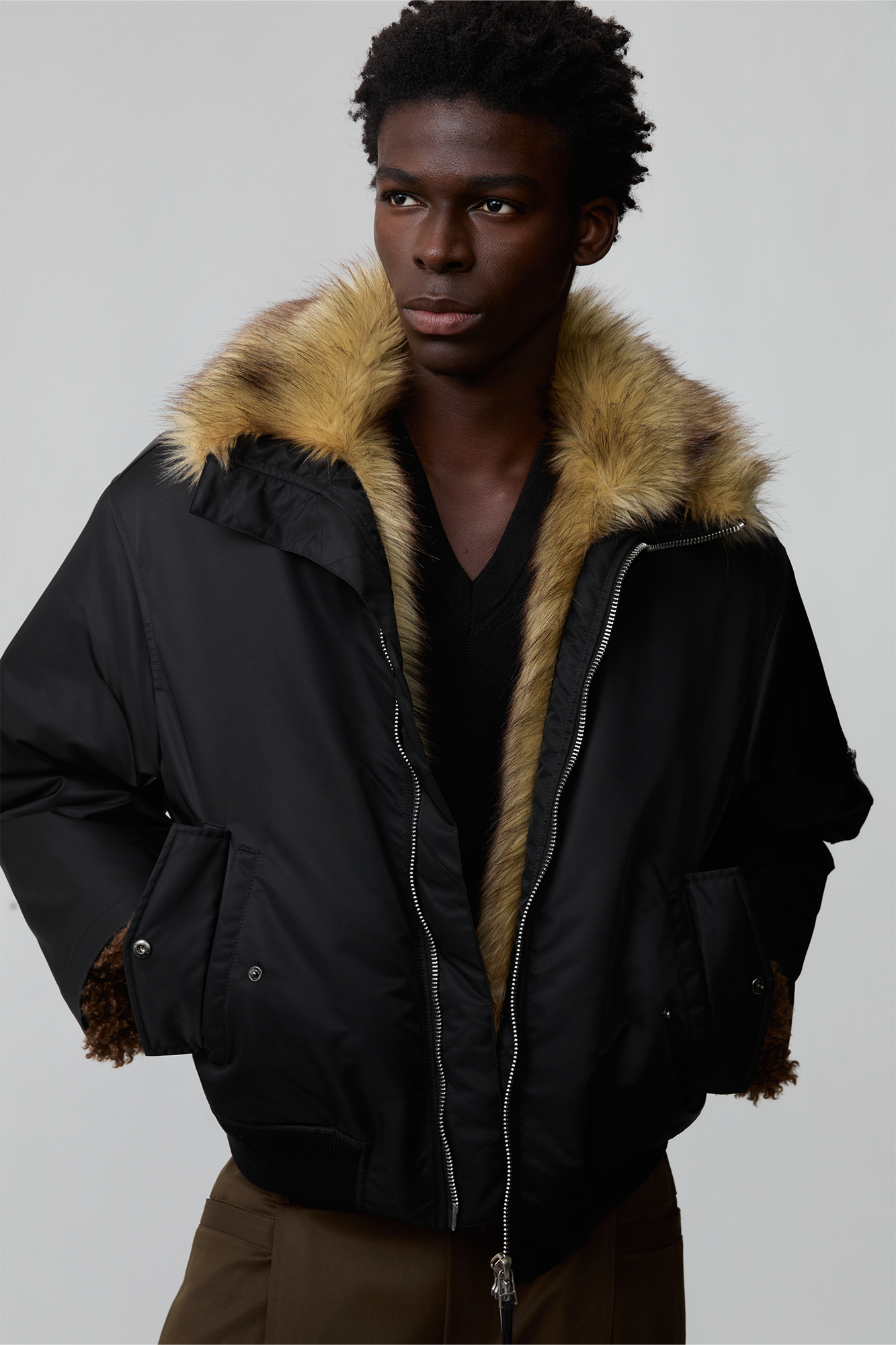 OPICLOTH Faux Fur-Lined Spliced Bomber Jacket, premium urban and streetwear designers apparel on PROJECTISR.com, OPICLOTH