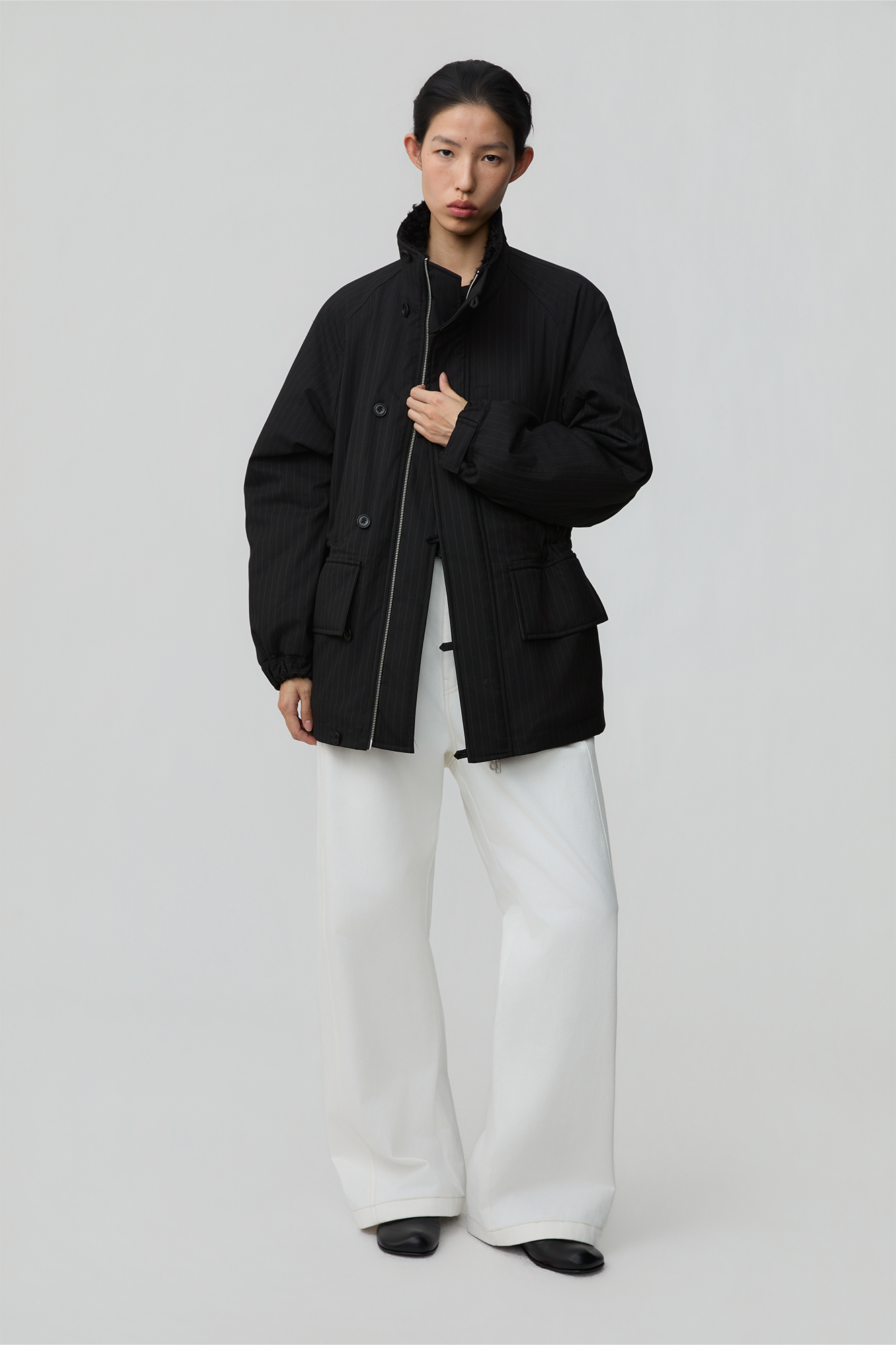 OPICLOTH Pinstriped Faux Fur-Lined Drawstring Jacket, premium urban and streetwear designers apparel on PROJECTISR.com, OPICLOTH