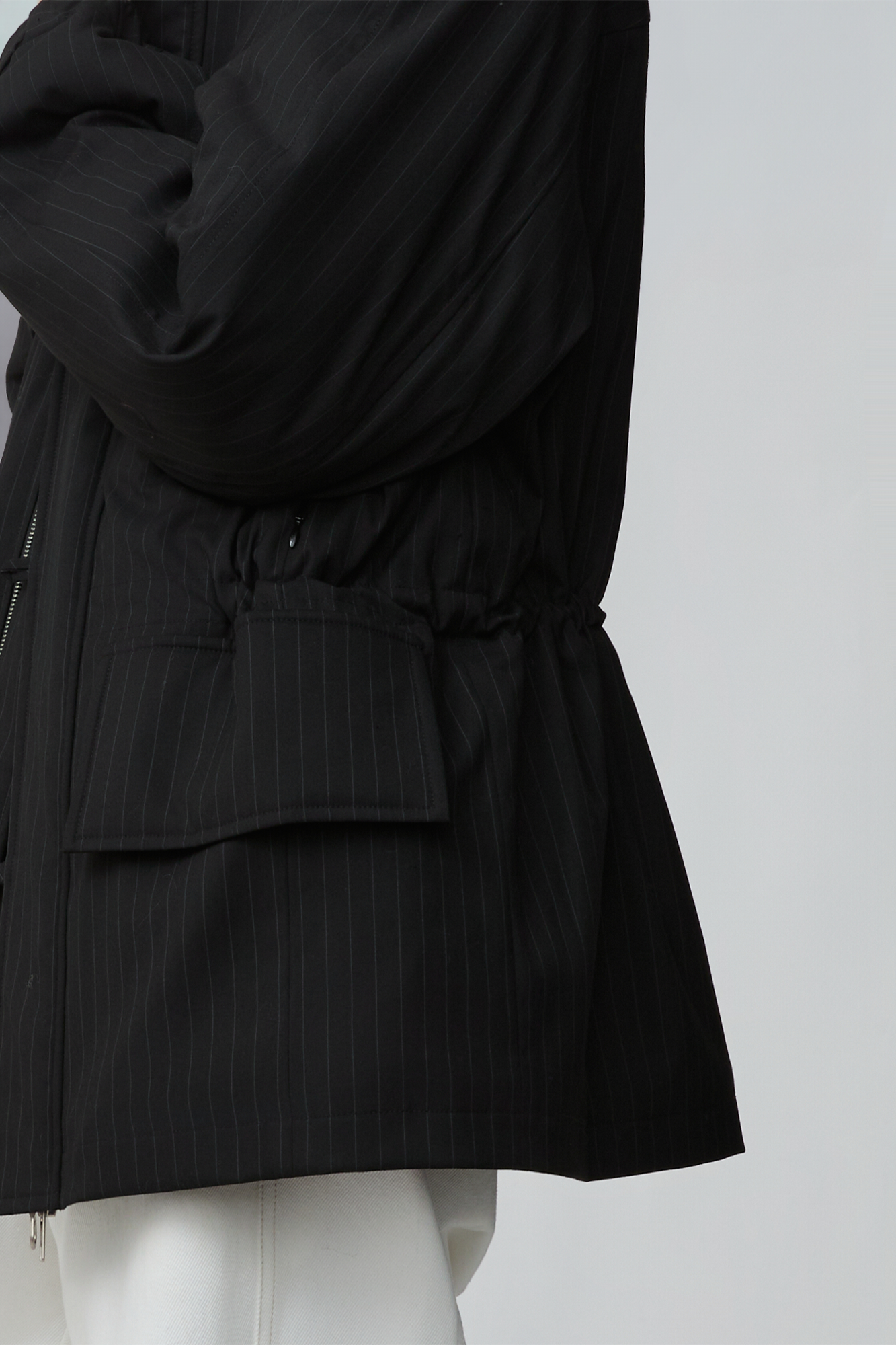 OPICLOTH Pinstriped Faux Fur-Lined Drawstring Jacket, premium urban and streetwear designers apparel on PROJECTISR.com, OPICLOTH