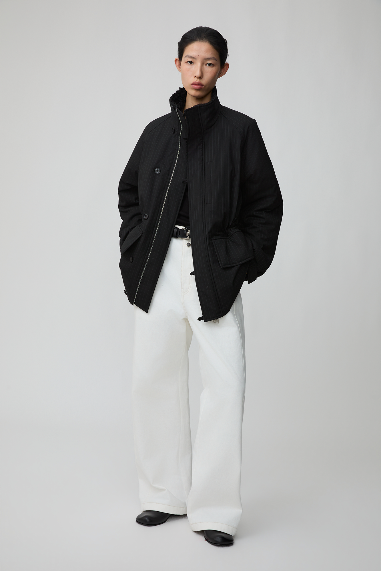 OPICLOTH Pinstriped Faux Fur-Lined Drawstring Jacket, premium urban and streetwear designers apparel on PROJECTISR.com, OPICLOTH