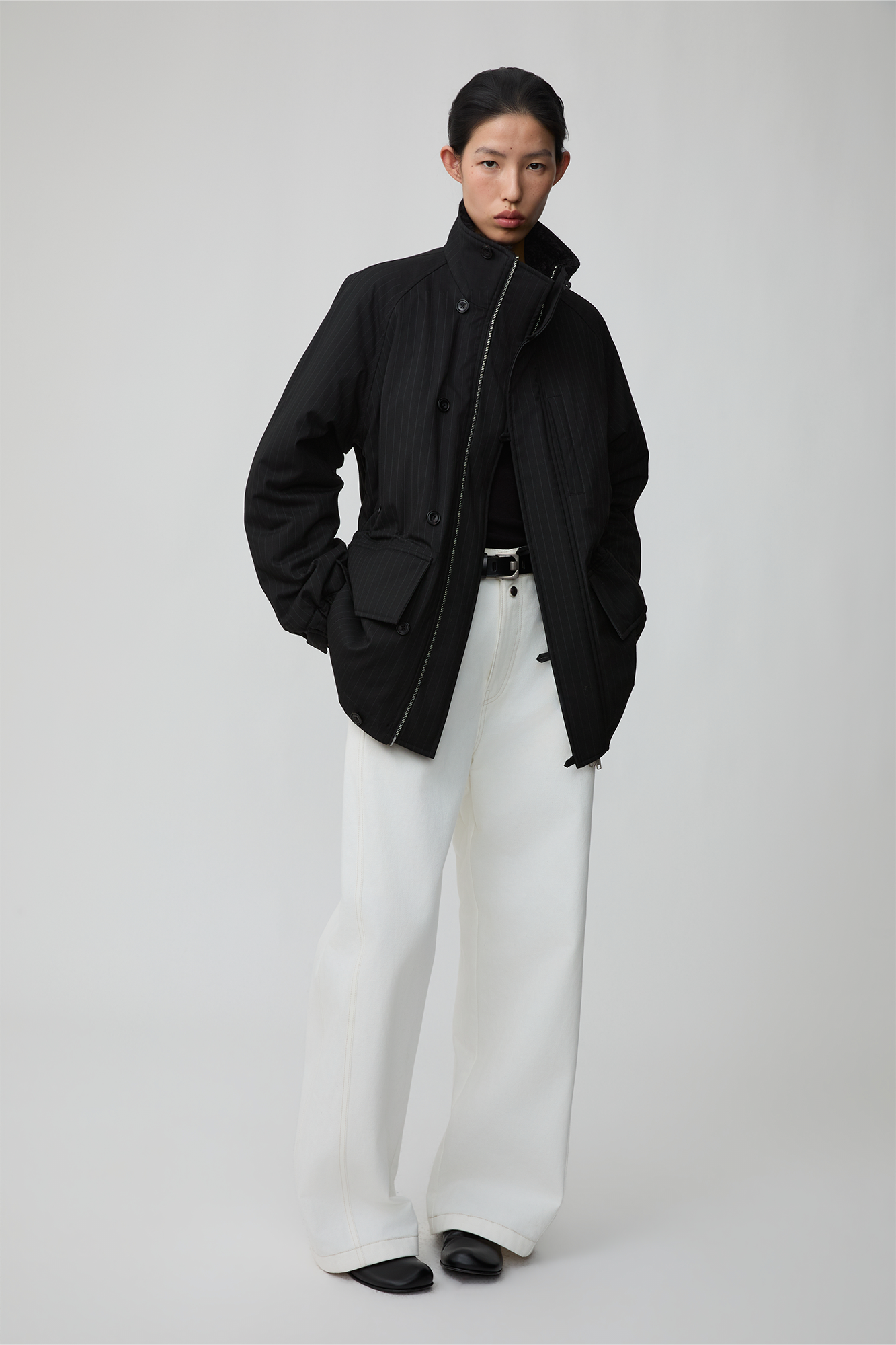 OPICLOTH Pinstriped Faux Fur-Lined Drawstring Jacket, premium urban and streetwear designers apparel on PROJECTISR.com, OPICLOTH