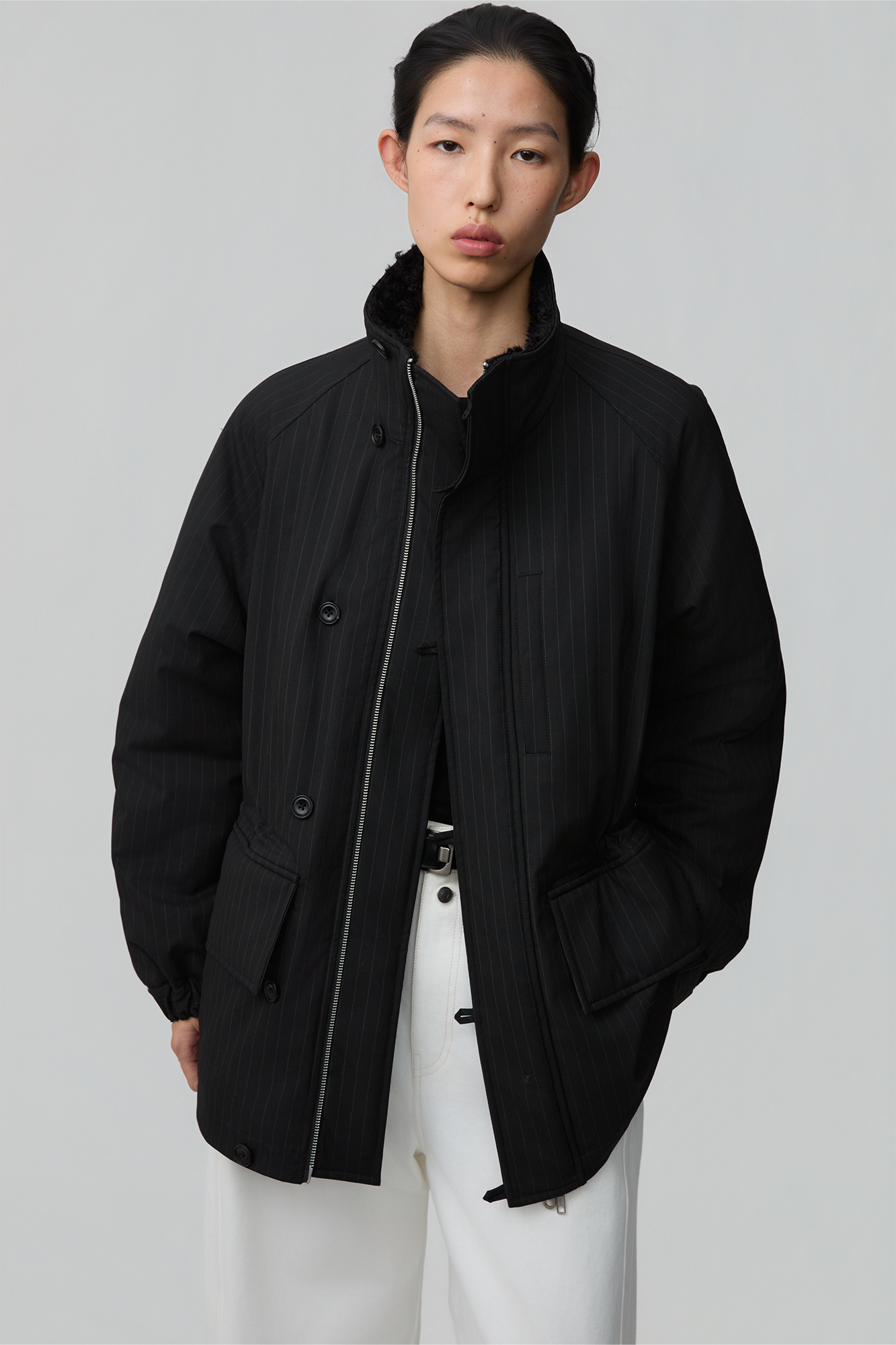 OPICLOTH Pinstriped Faux Fur-Lined Drawstring Jacket, premium urban and streetwear designers apparel on PROJECTISR.com, OPICLOTH