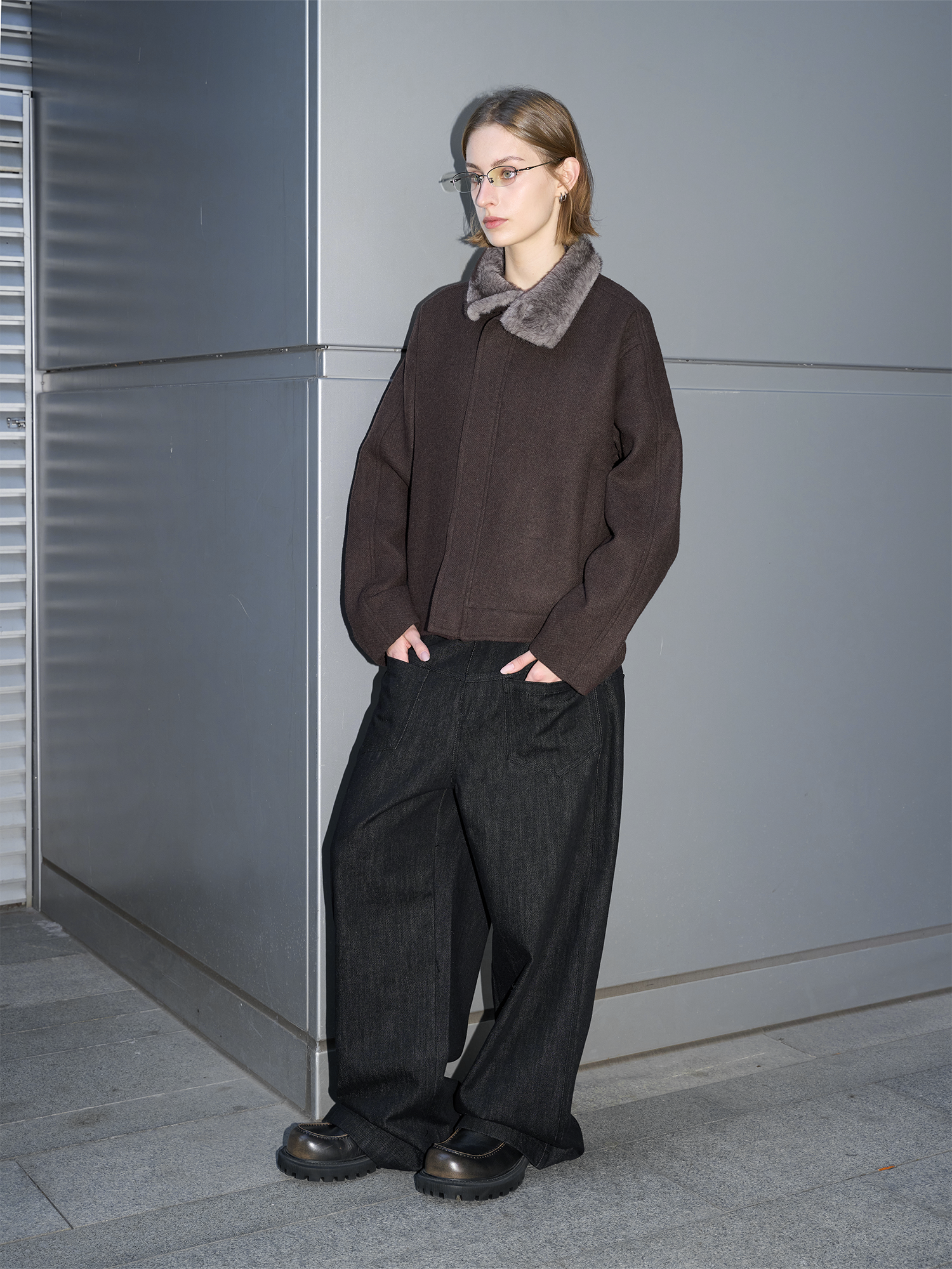 LABELROOM Modern Faux-Fur Collar Wool Jacket Brown, premium urban and streetwear designers apparel on PROJECTISR.com, LABELROOM