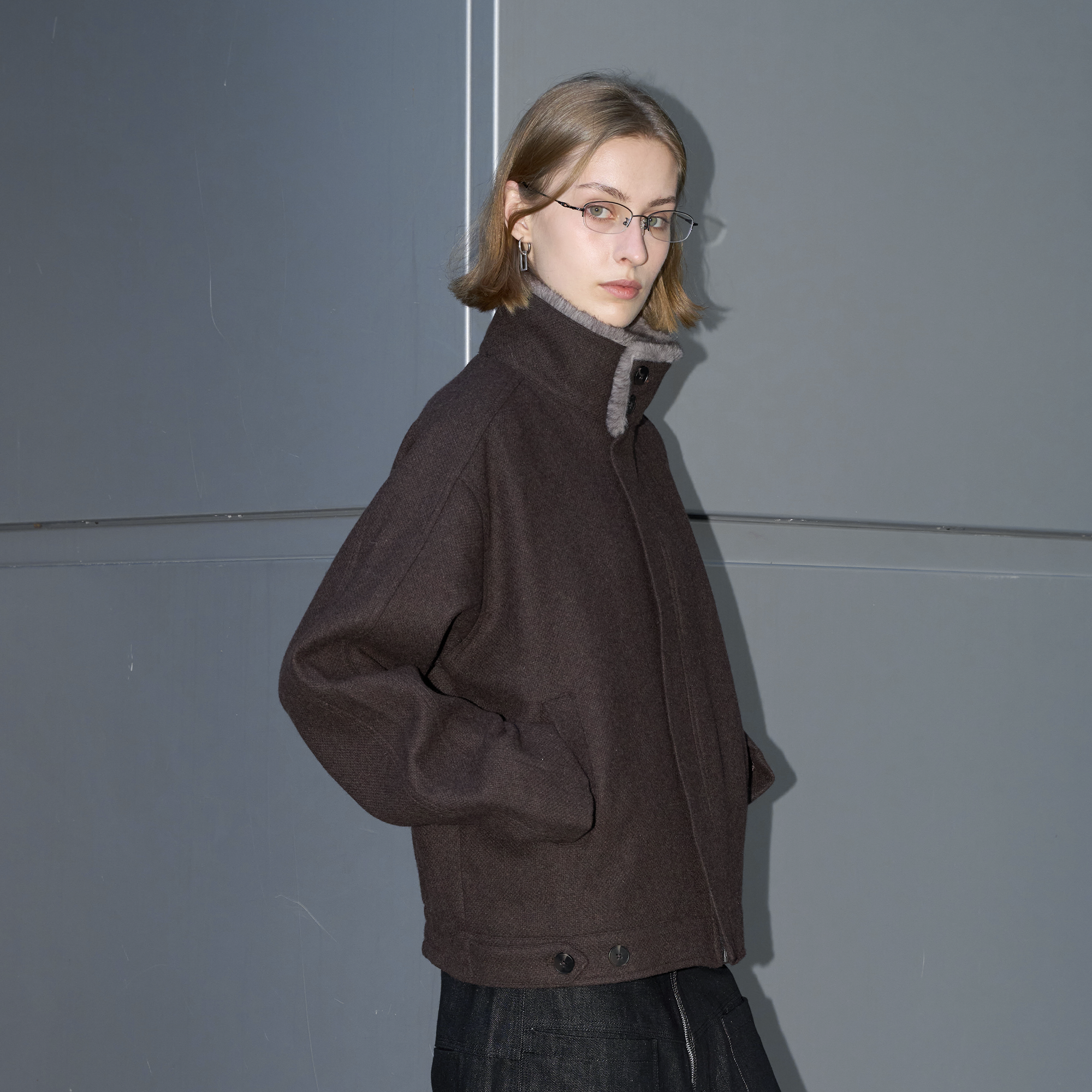 LABELROOM Modern Faux-Fur Collar Wool Jacket Brown, premium urban and streetwear designers apparel on PROJECTISR.com, LABELROOM