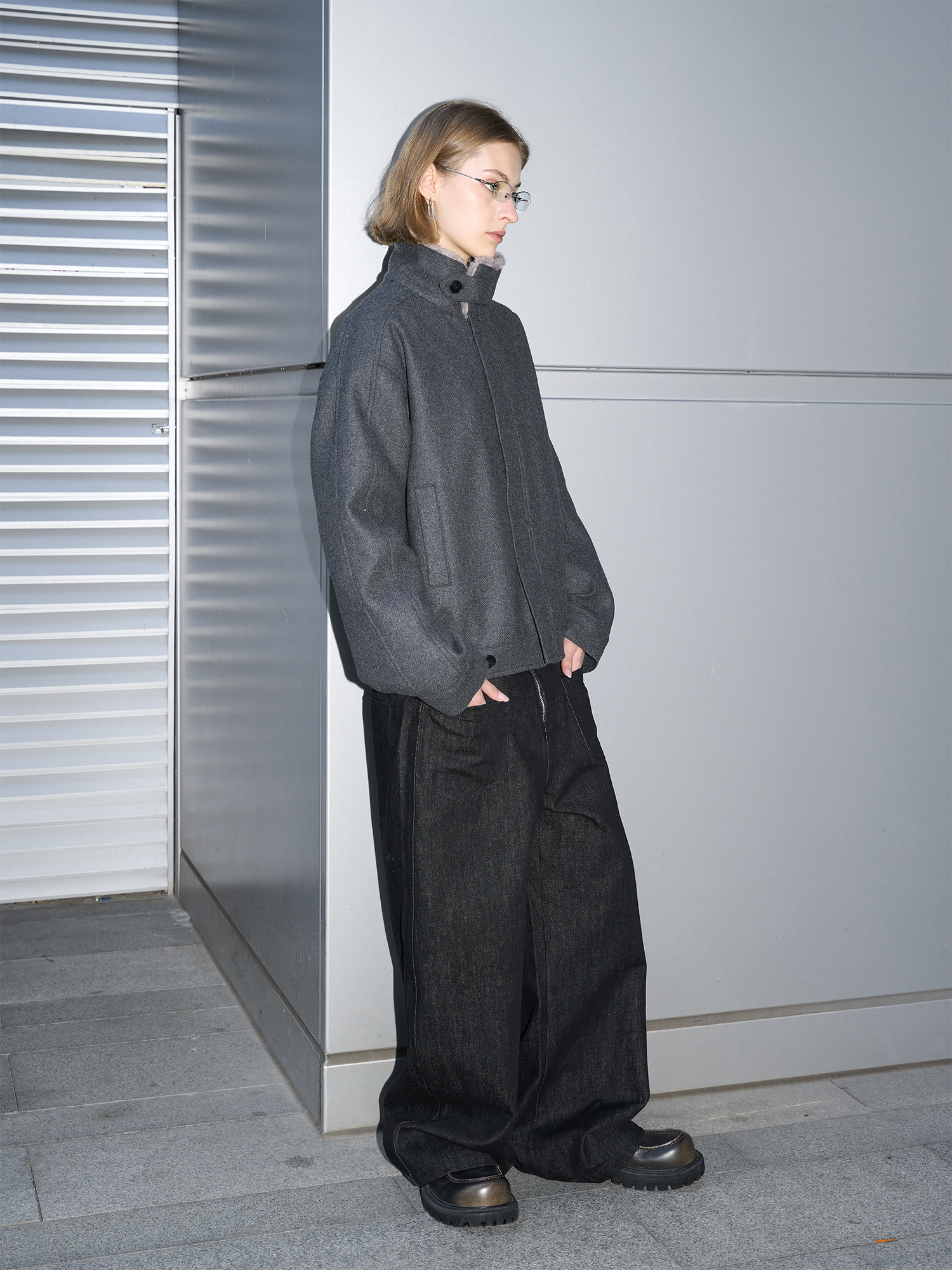 LABELROOM Modern Faux-Fur Collar Wool Jacket Gray, premium urban and streetwear designers apparel on PROJECTISR.com, LABELROOM