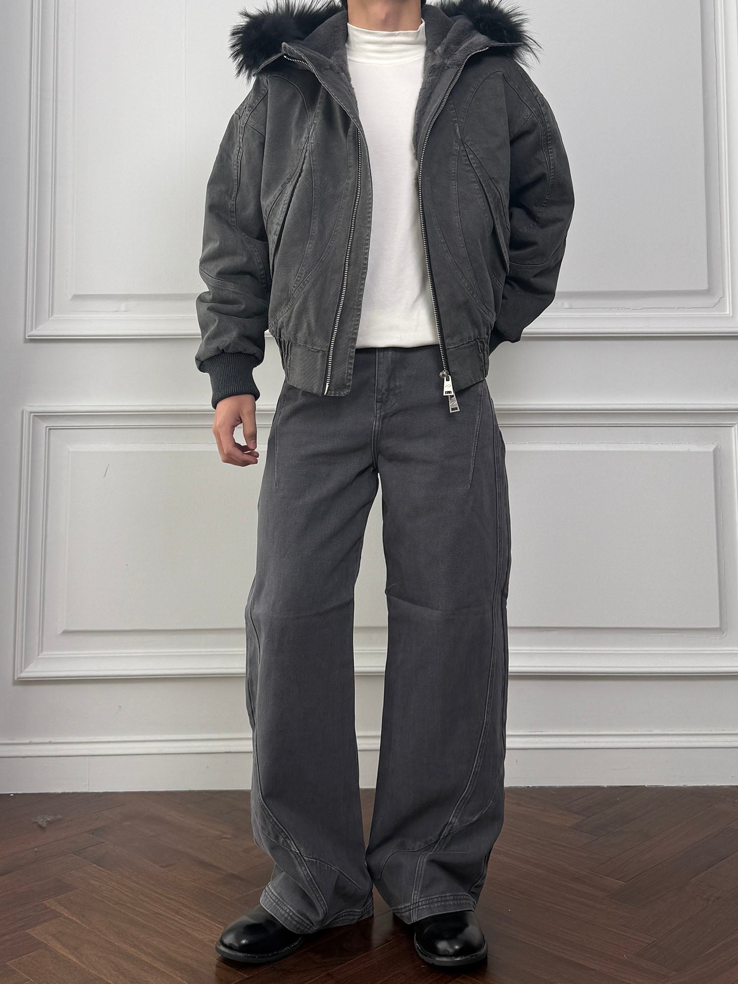 CATSSTAC Detachable Faux Fur Trim Panel Bomber Jacket