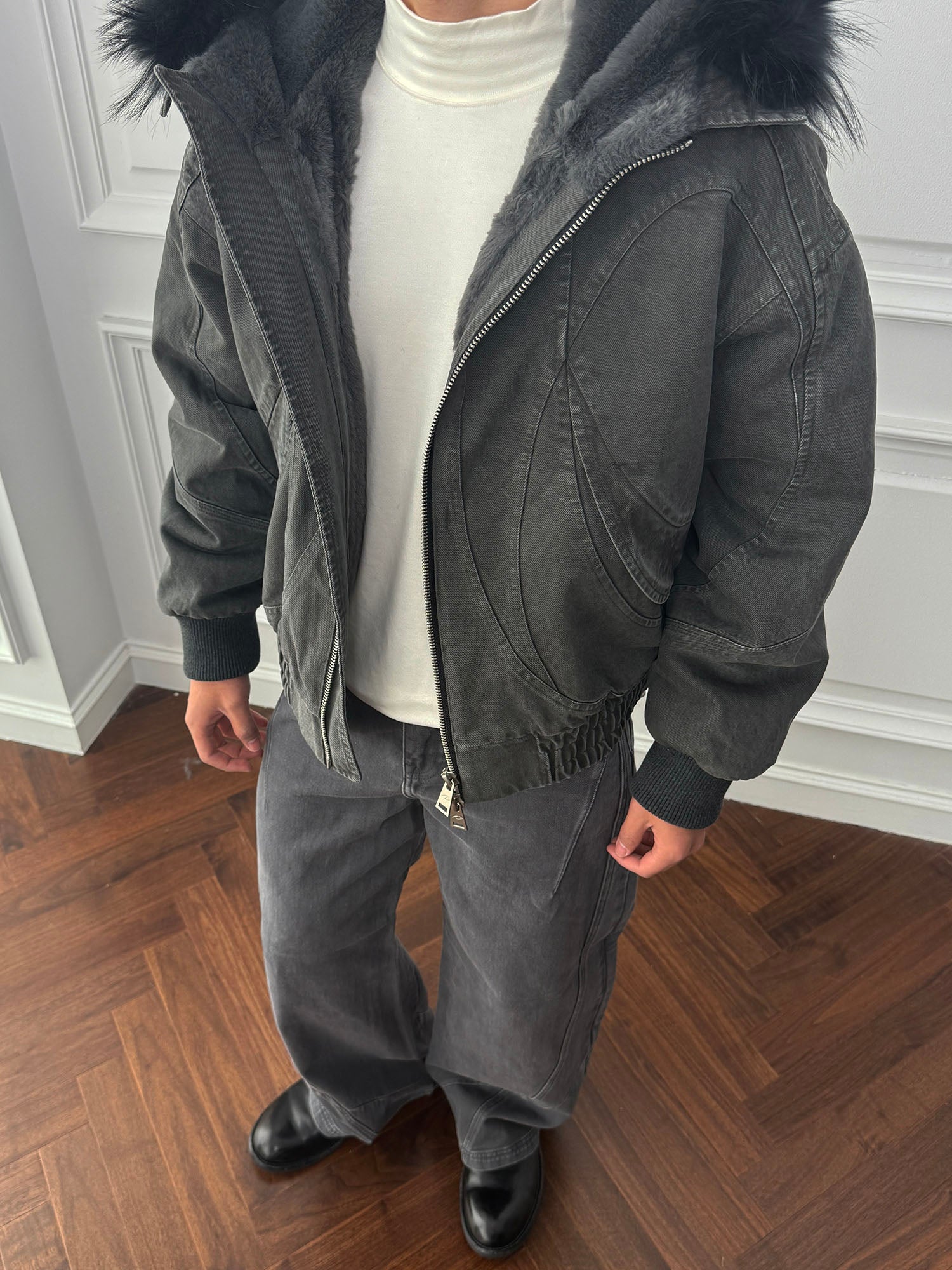 CATSSTAC Detachable Faux Fur Trim Panel Bomber Jacket