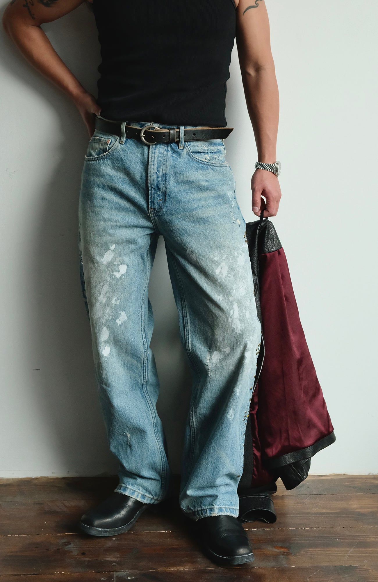 NEIGBORL Paint Splatter Washed Denim Pants, premium urban and streetwear designers apparel on PROJECTISR.com, NEIGBORL