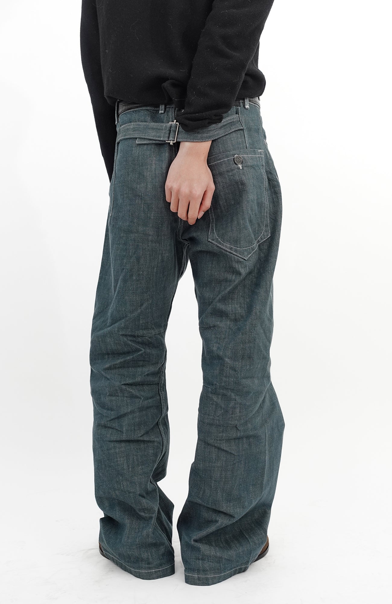 IN EXISTENCE Stitched Back-Belt Curved-Leg Jeans, premium urban and streetwear designers apparel on PROJECTISR.com, IN EXISTENCE