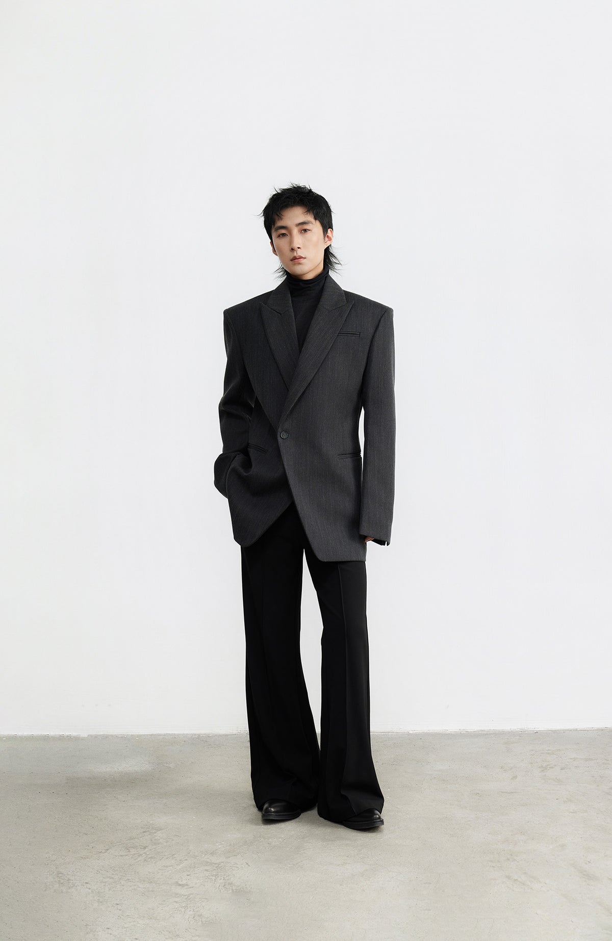 SAMMOKONPA Retro Cinched-Waist Padded-Shoulder Wool-Blend Blazer Coat