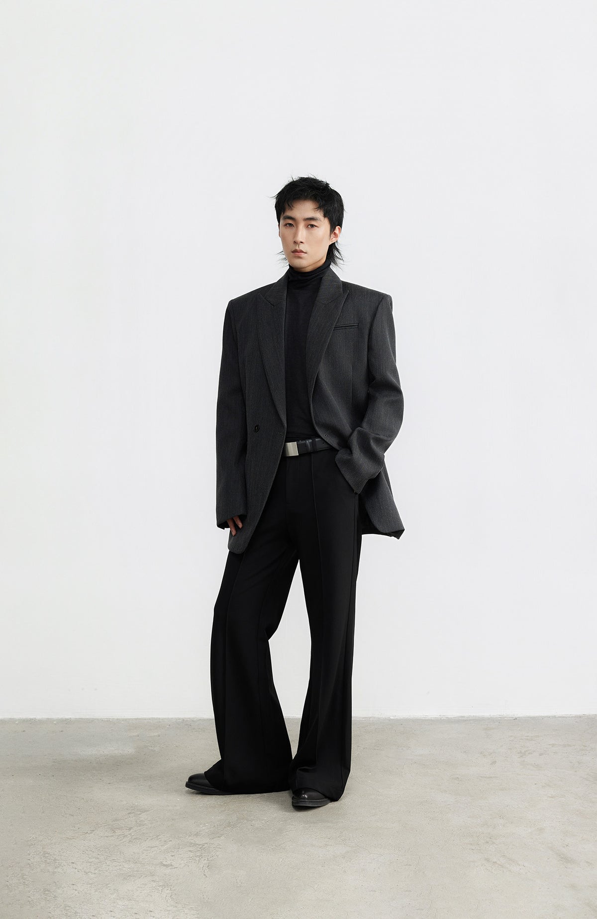 SAMMOKONPA Retro Cinched-Waist Padded-Shoulder Wool-Blend Blazer Coat