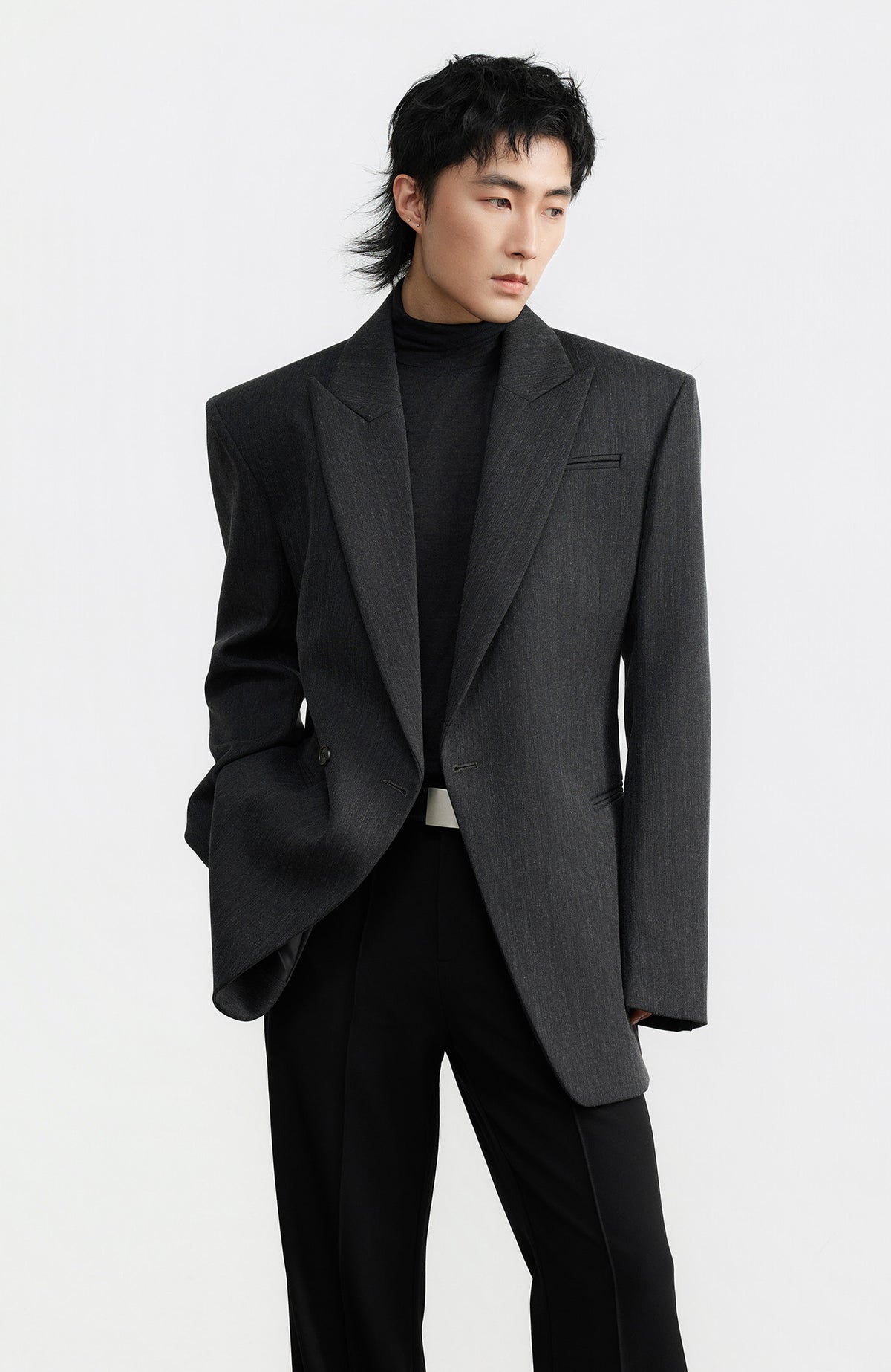 SAMMOKONPA Retro Cinched-Waist Padded-Shoulder Wool-Blend Blazer Coat