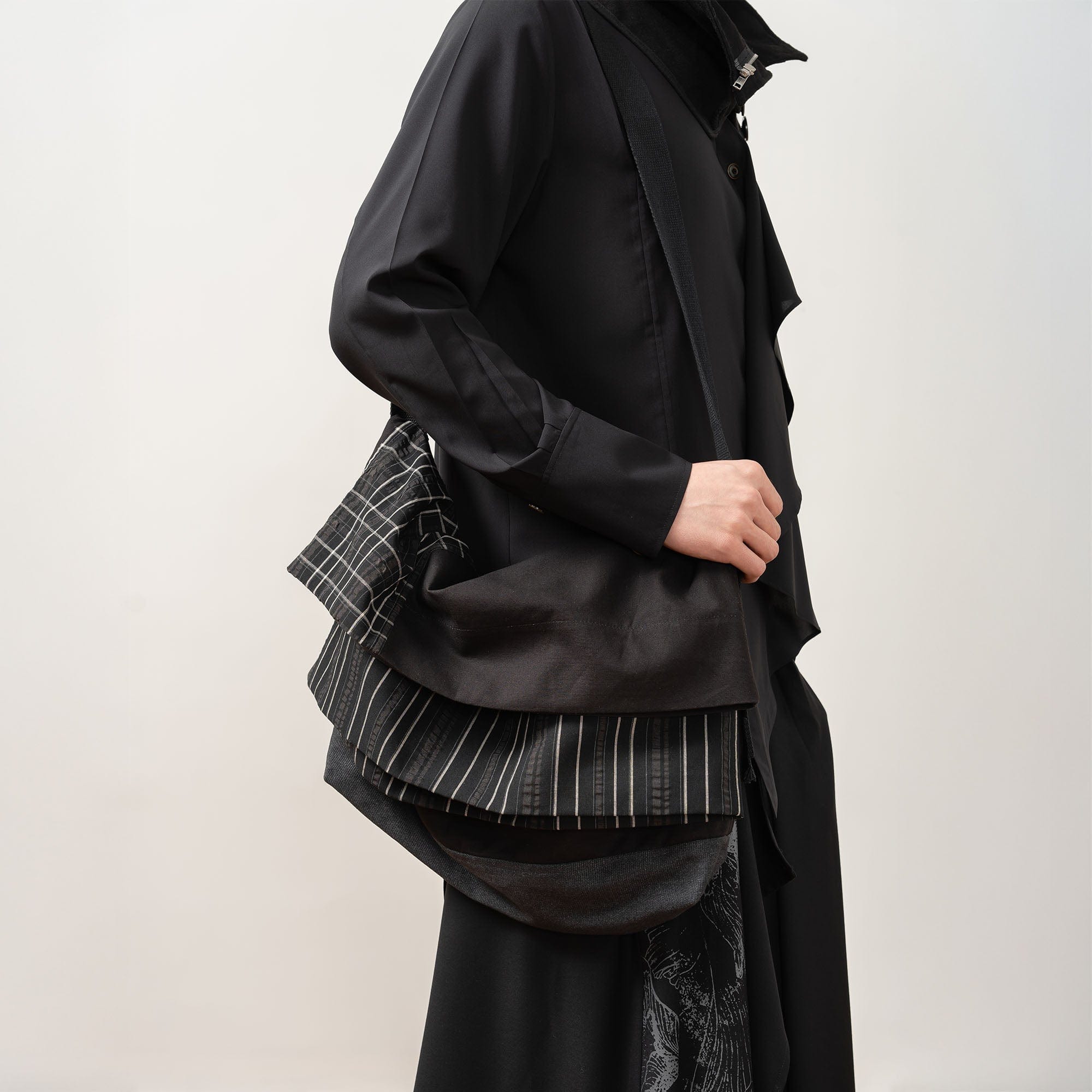 MOITIEDEPETALE Layered Stripe-Panel Crossbody Bag, premium urban and streetwear designers apparel on PROJECTISR.com, MOITIEDEPETALE