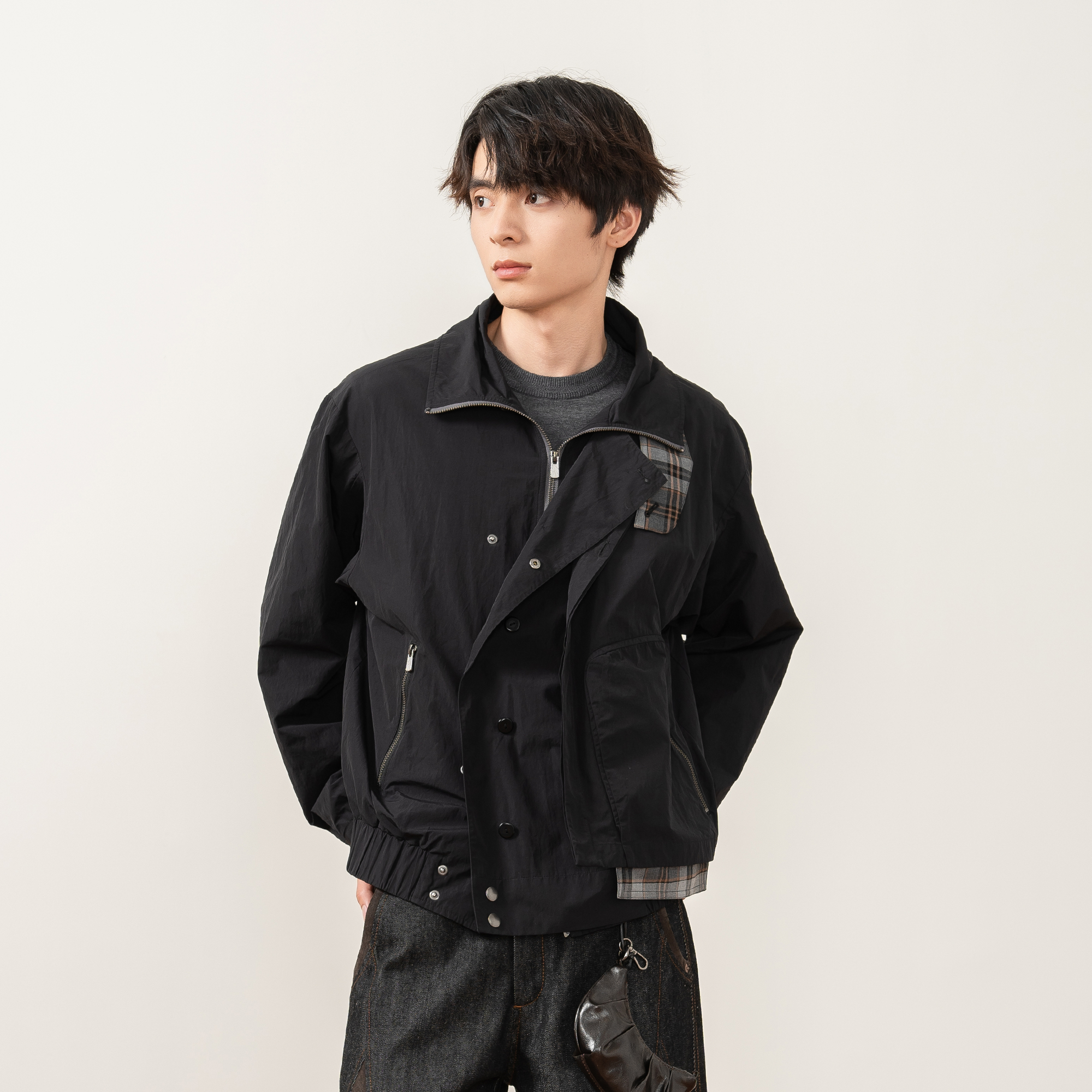 MOITIEDEPETALE Layered Plaid-Trim Jacket