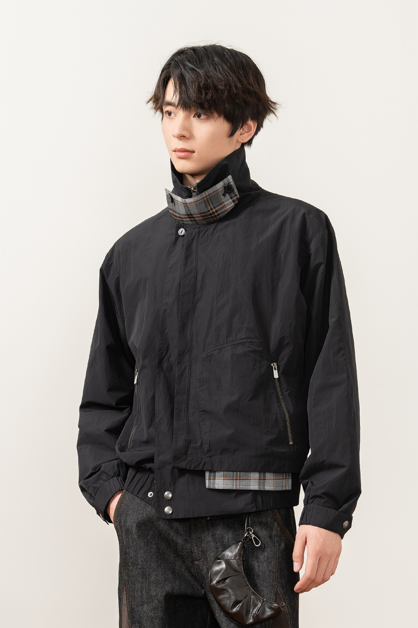 MOITIEDEPETALE Layered Plaid-Trim Jacket