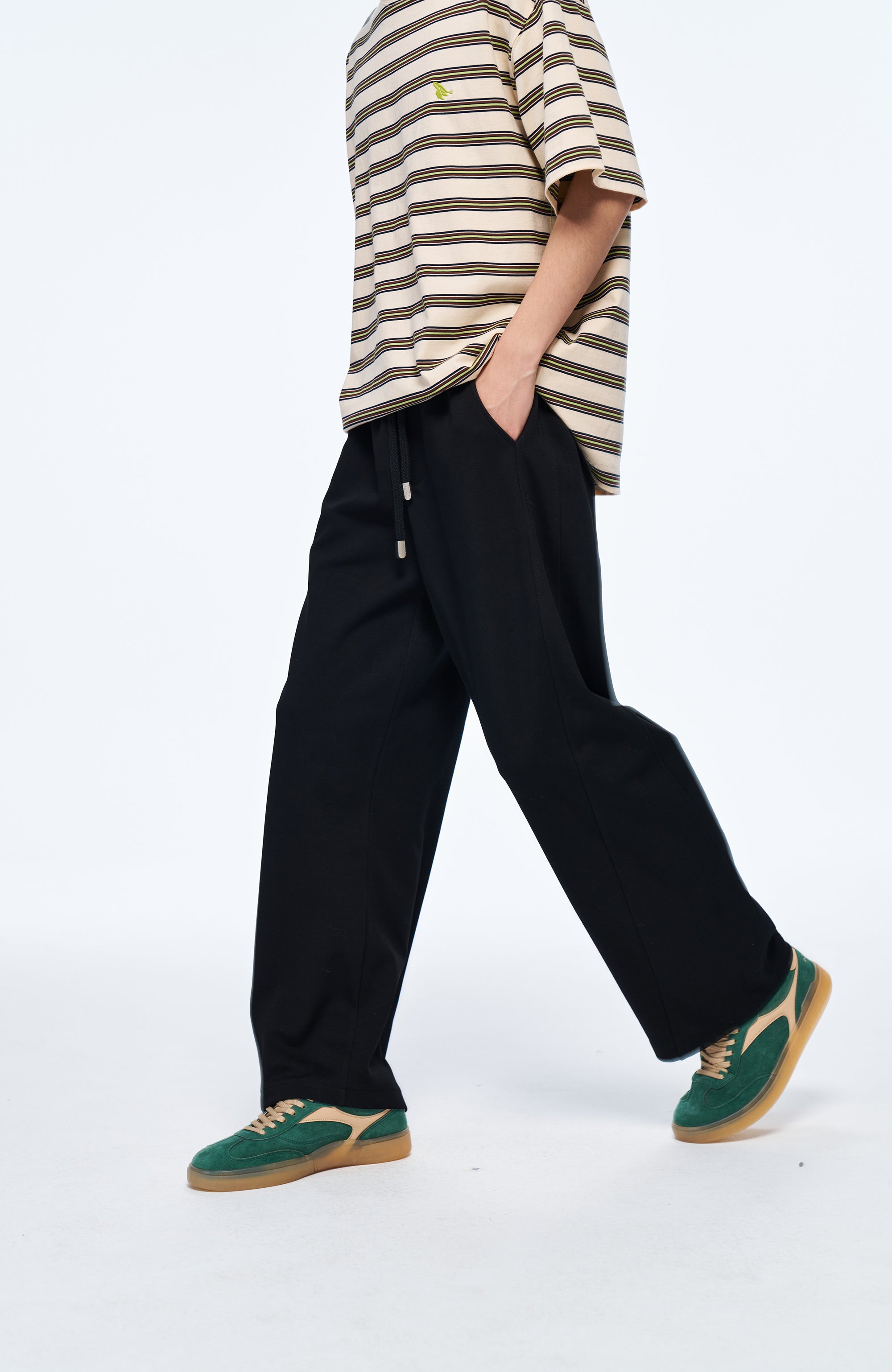 OVERLAPS Elastic-Waist Straight-Leg Pants Black, premium urban and streetwear designers apparel on PROJECTISR.com, OVERLAPS