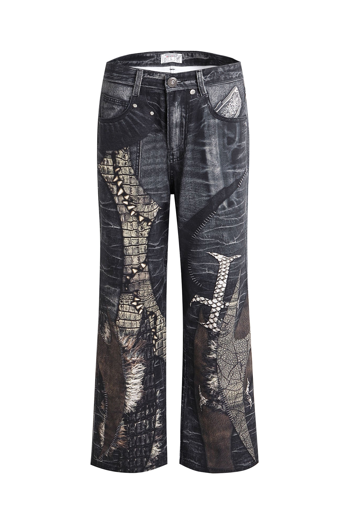 DND4DES Cross Crocodile Spliced Flared Jeans, premium urban and streetwear designers apparel on PROJECTISR.com, DND4DES