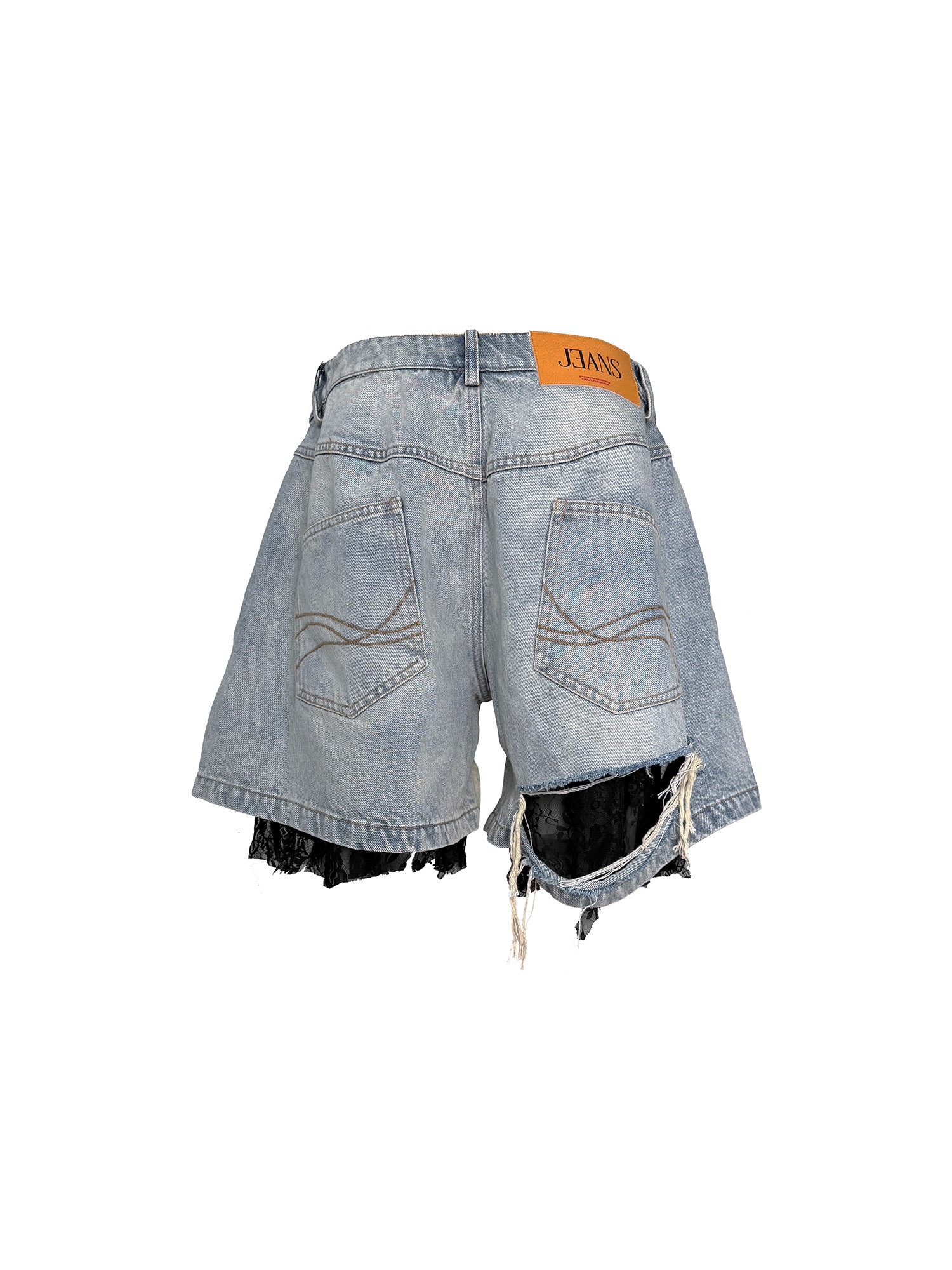 PCCVISION Lace-Spliced Denim Shorts, premium urban and streetwear designers apparel on PROJECTISR.com, PCCVISION