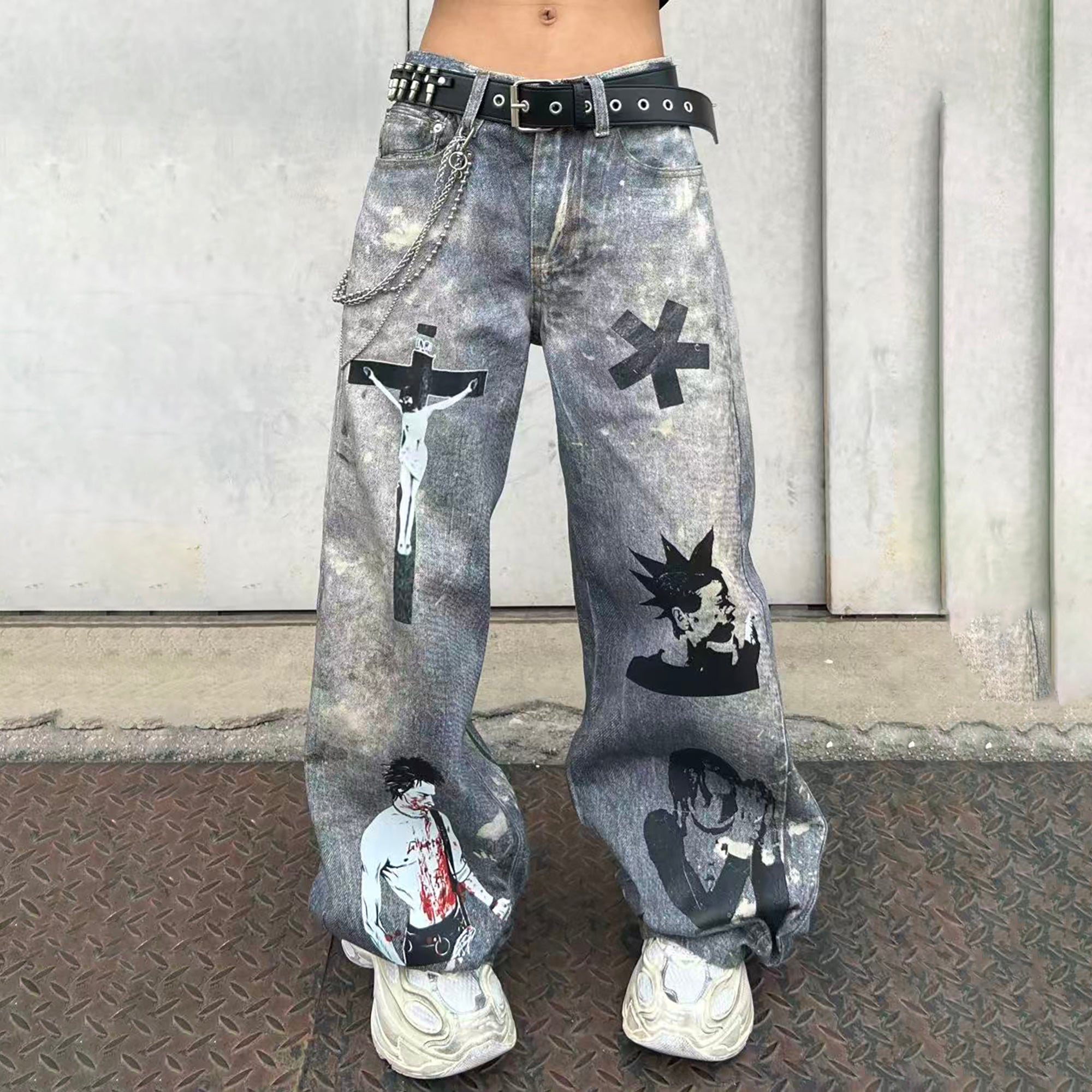 YIZILINGF Cross Graphic Oversized Jeans