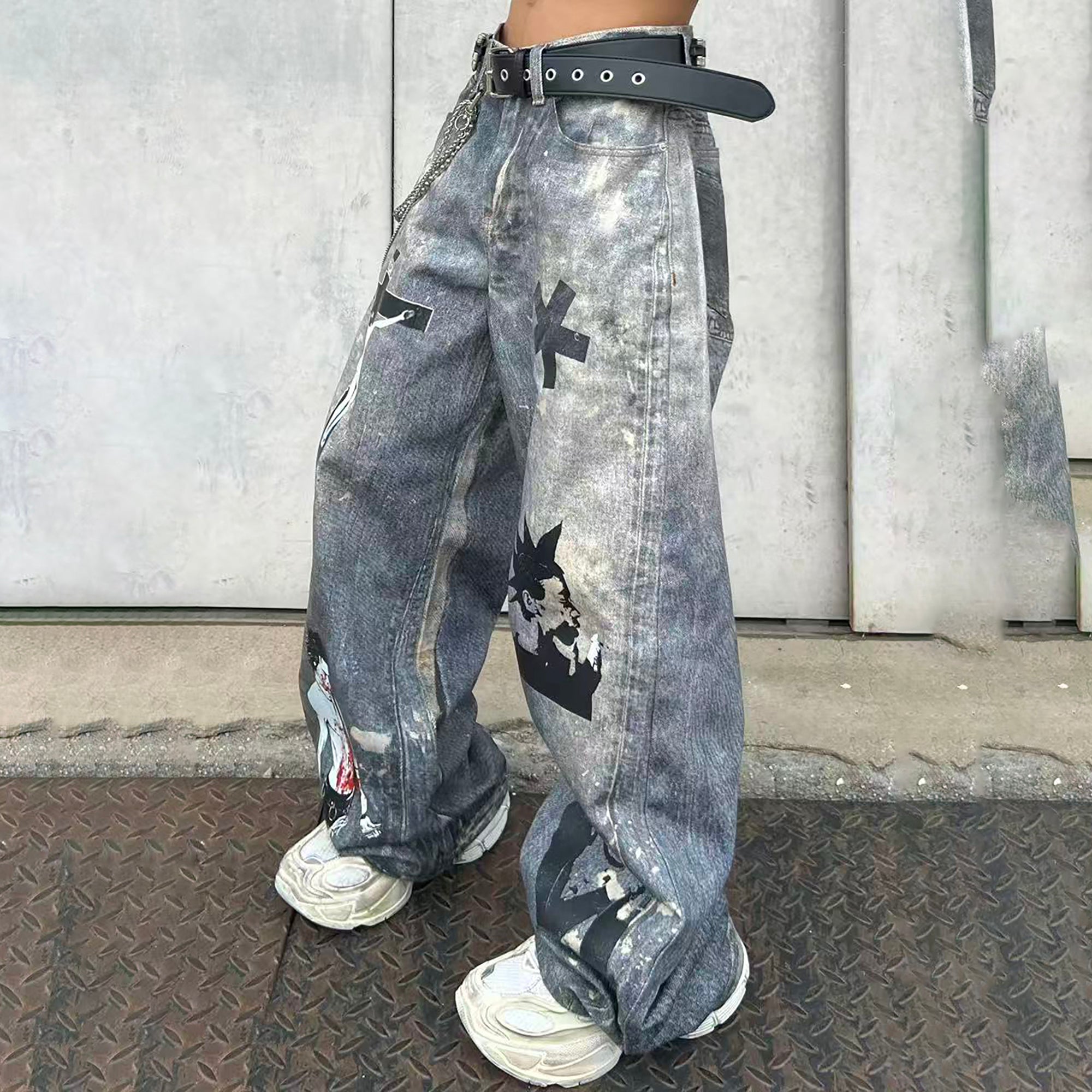 YIZILINGF Cross Graphic Oversized Jeans