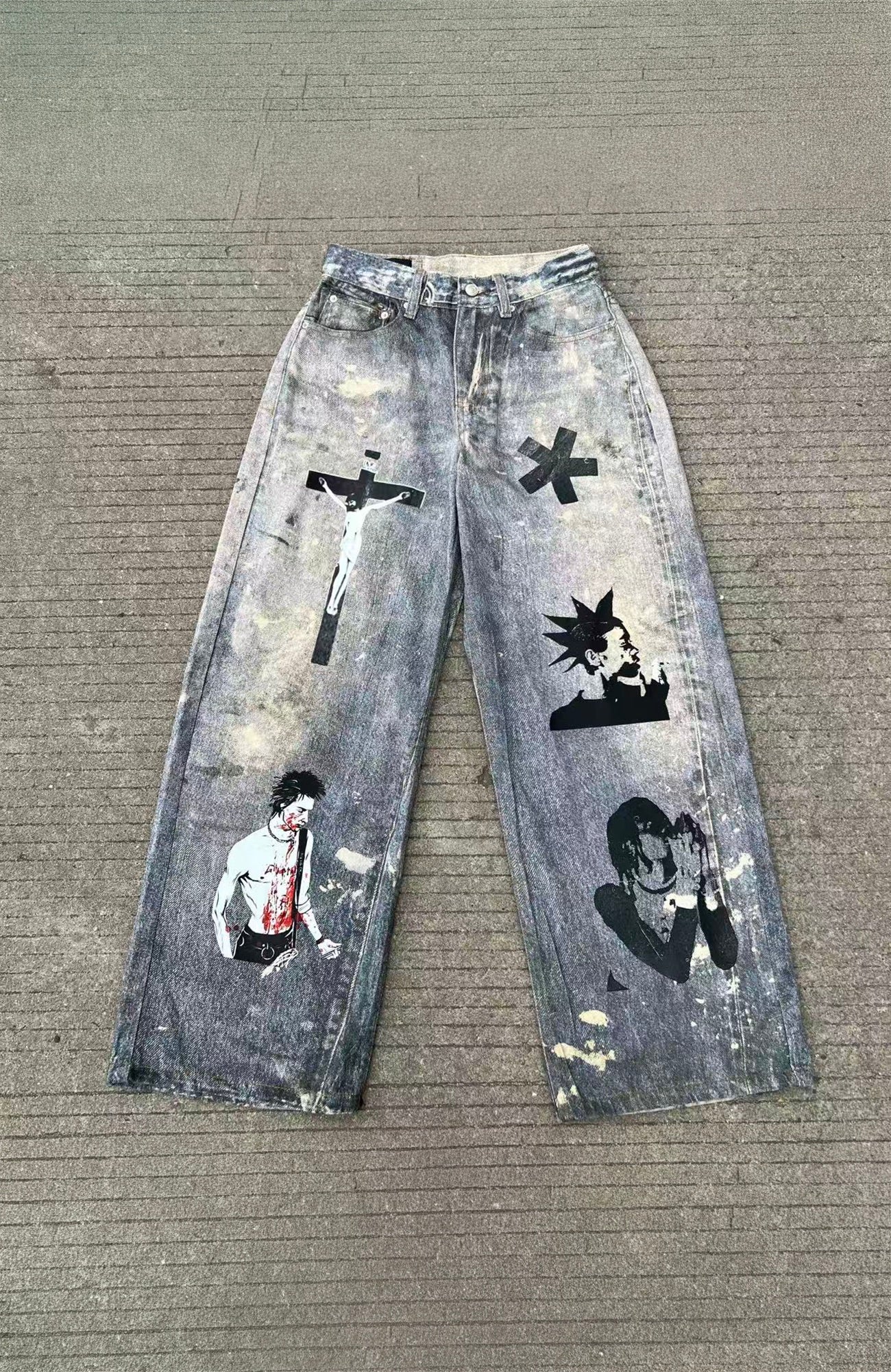 YIZILINGF Cross Graphic Oversized Jeans