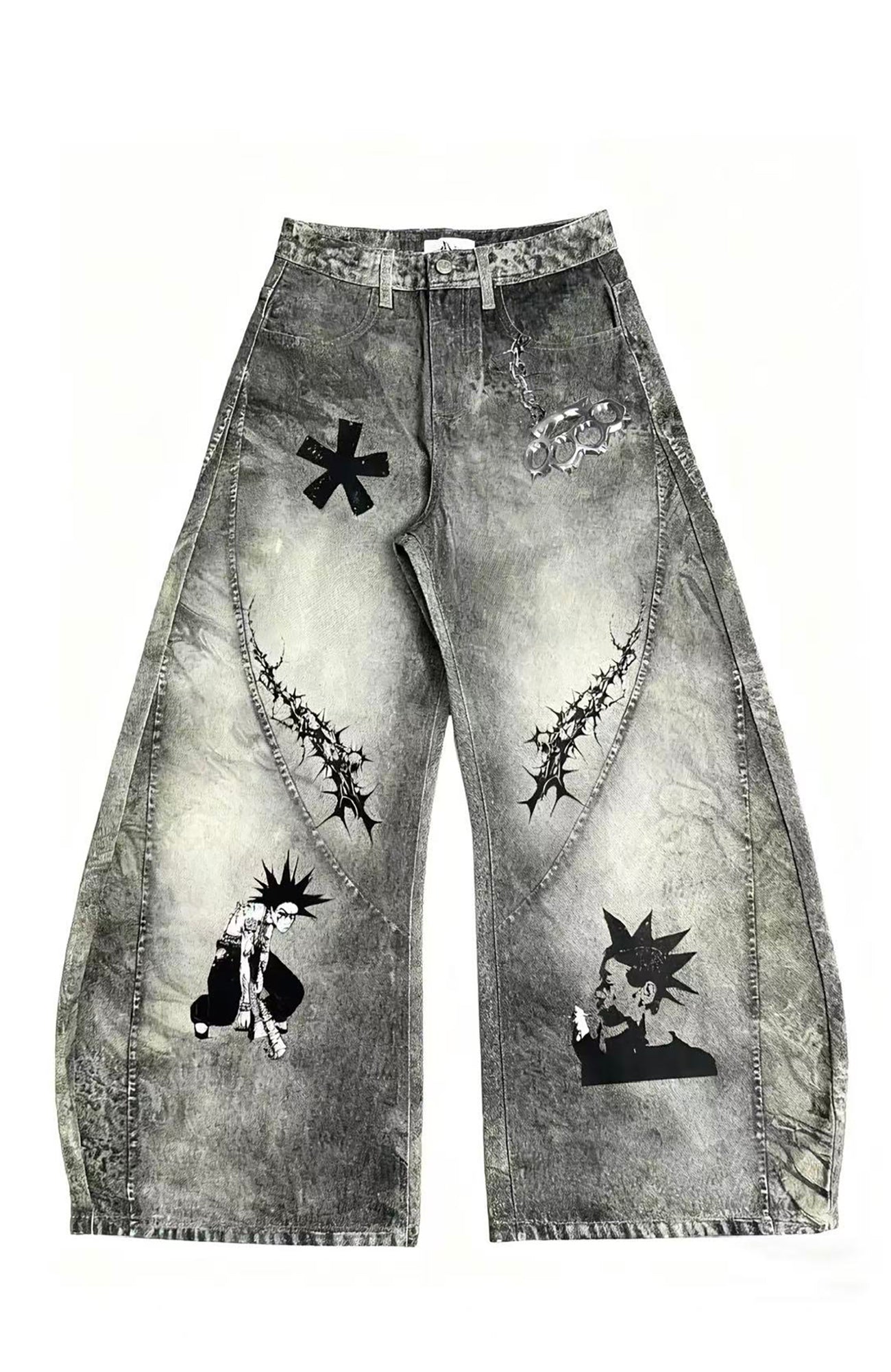 YIZILINGF Dirty-Dye Full-Print Curved Baggy Jeans