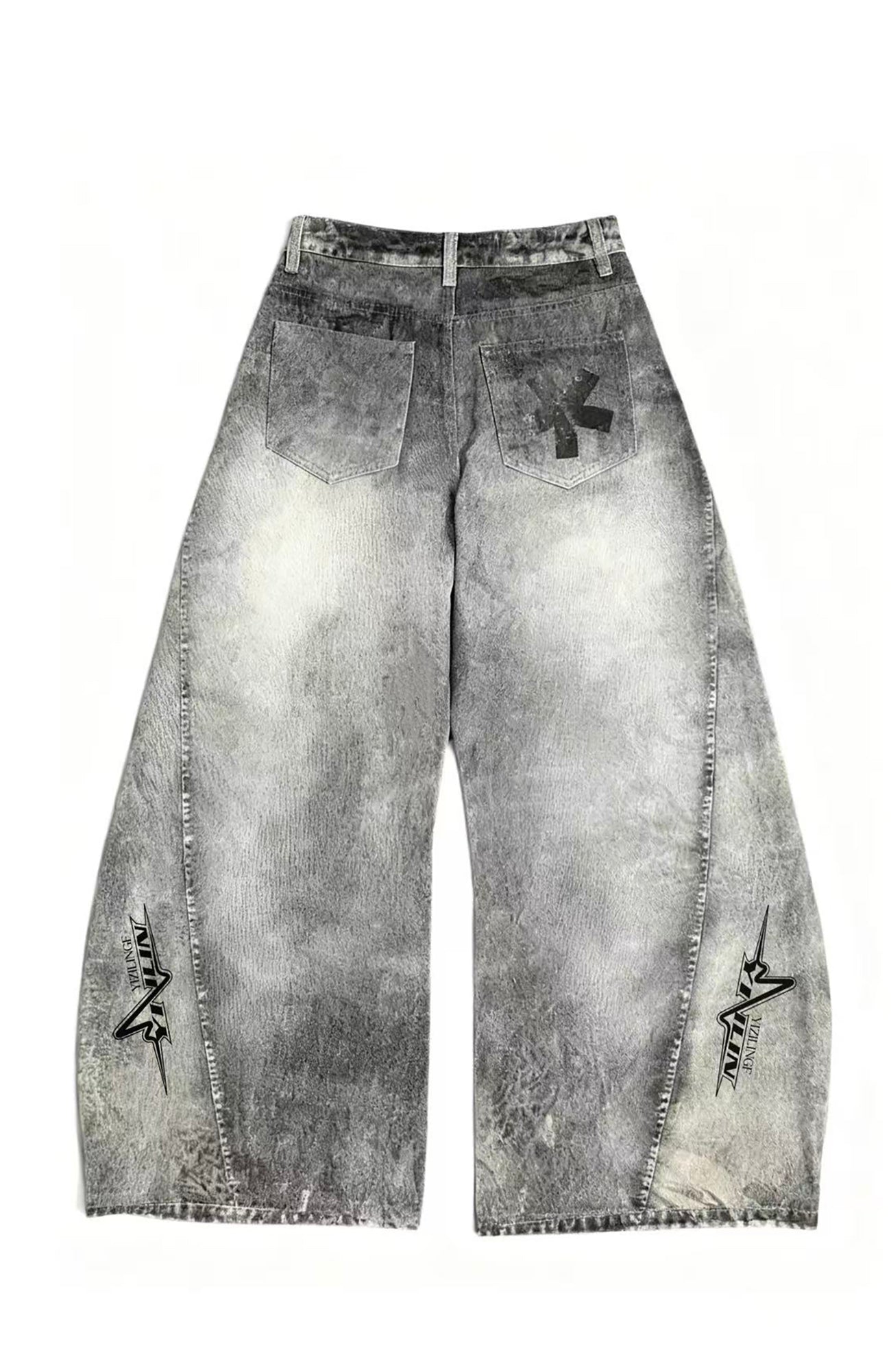 YIZILINGF Dirty-Dye Full-Print Curved Baggy Jeans