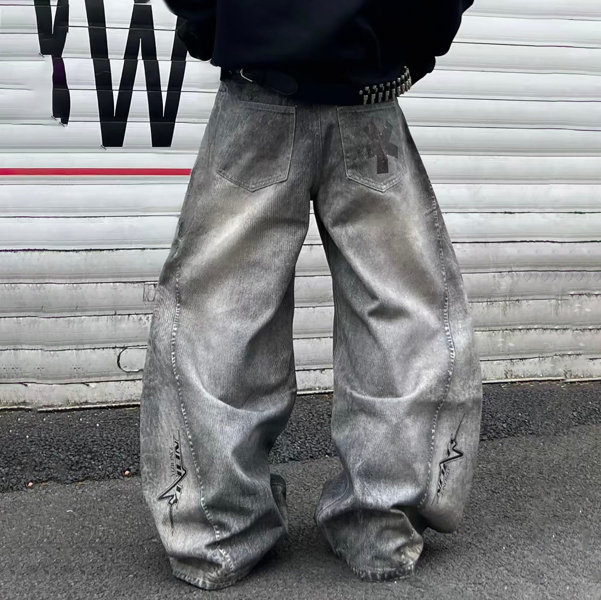 YIZILINGF Dirty-Dye Full-Print Curved Baggy Jeans