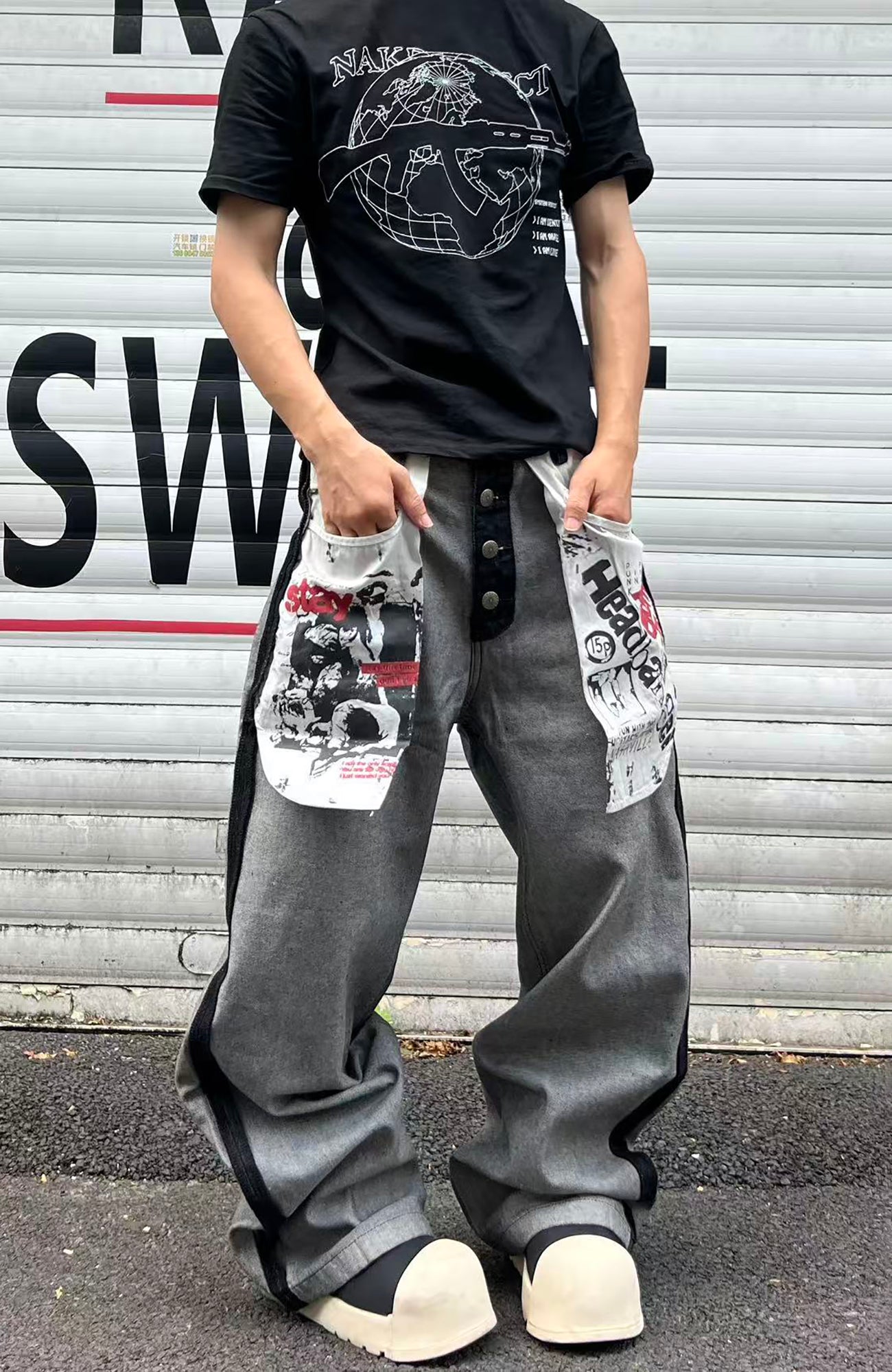 YIZILINGF Reversed-Wear Straight-Leg Jeans