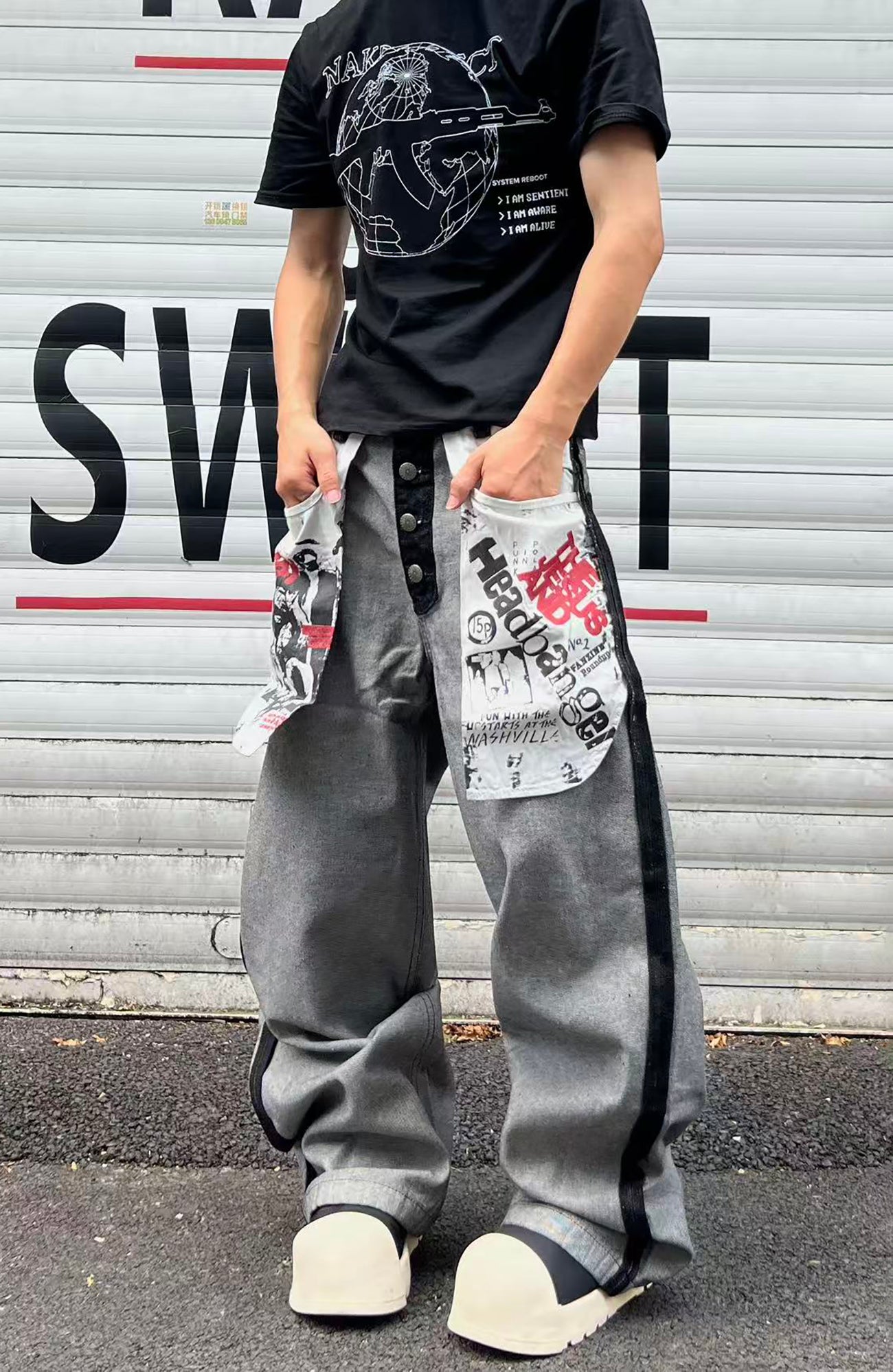 YIZILINGF Reversed-Wear Straight-Leg Jeans