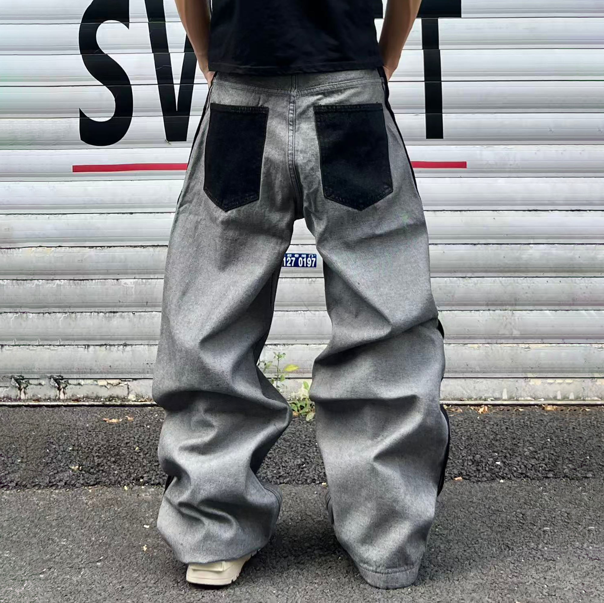 YIZILINGF Reversed-Wear Straight-Leg Jeans