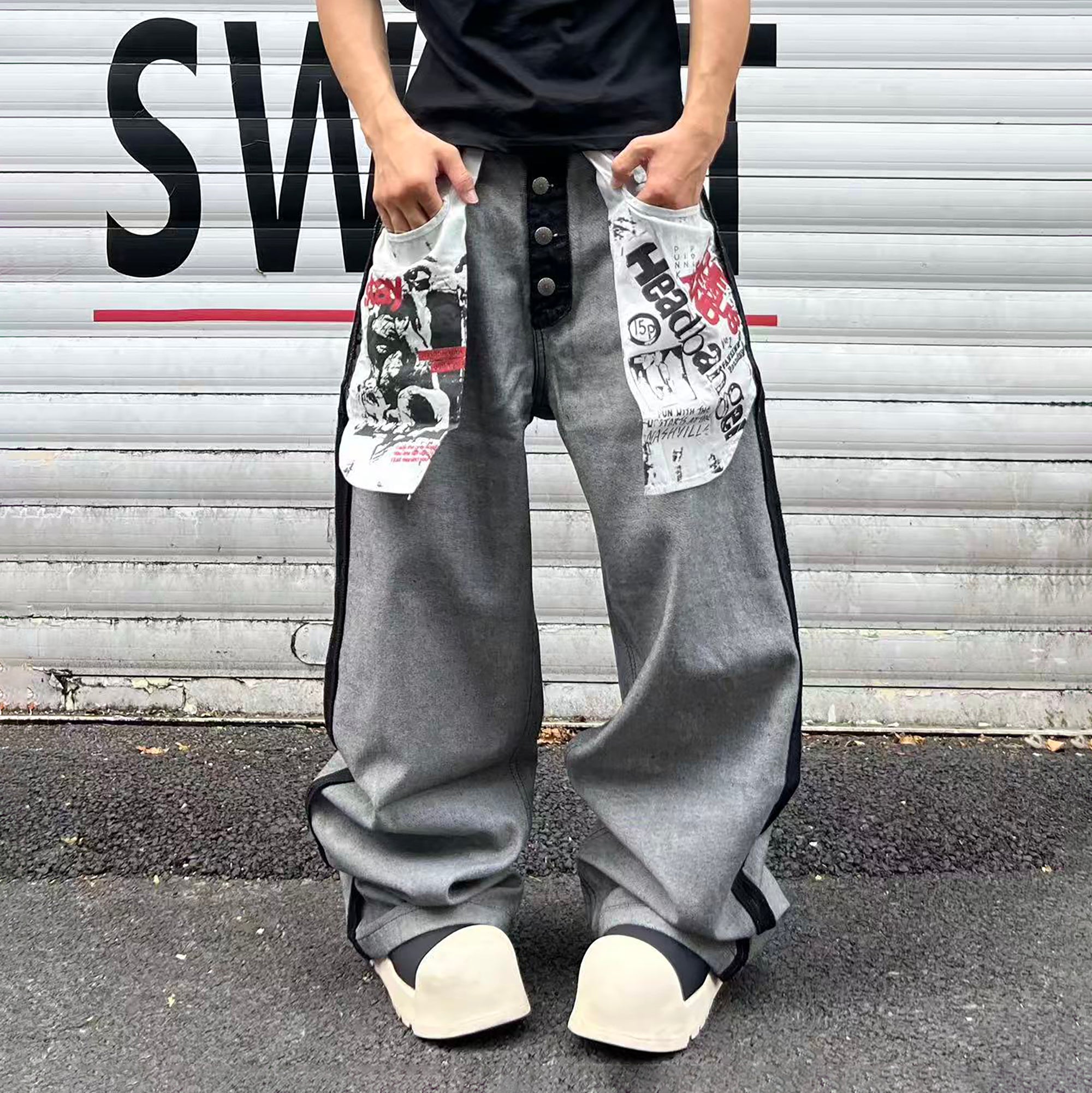 YIZILINGF Reversed-Wear Straight-Leg Jeans