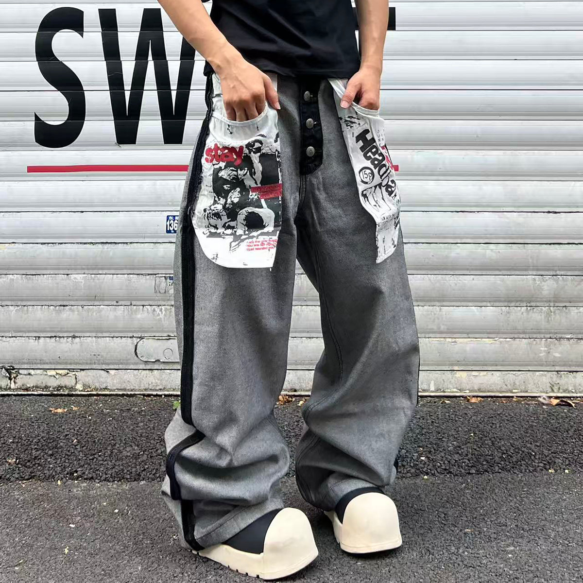 YIZILINGF Reversed-Wear Straight-Leg Jeans