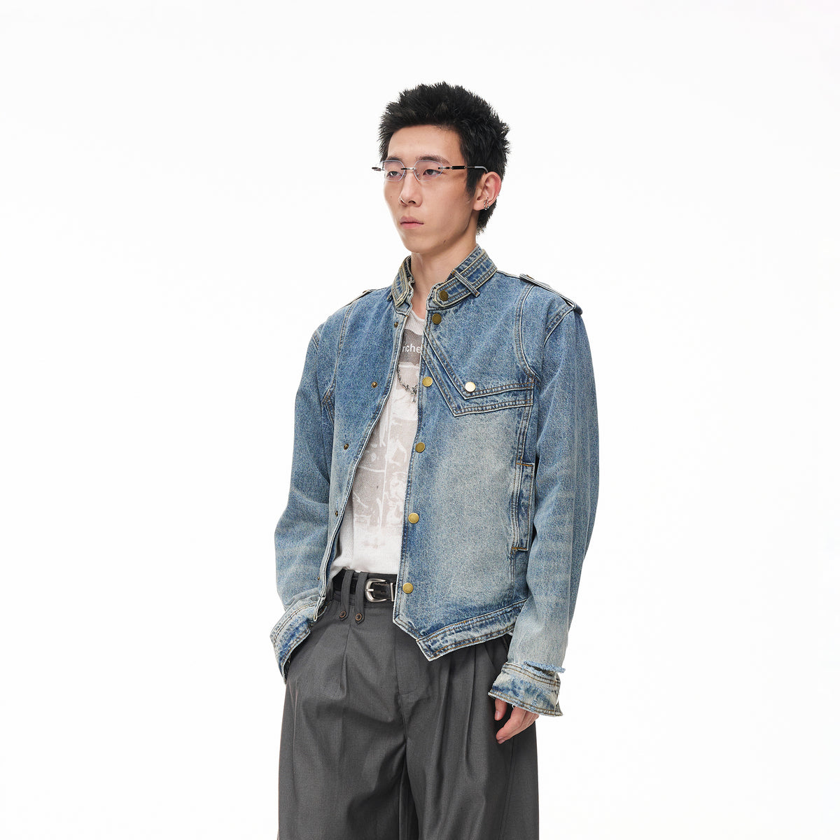 BOTANIC Washed Distressed Denim Biker Jacket