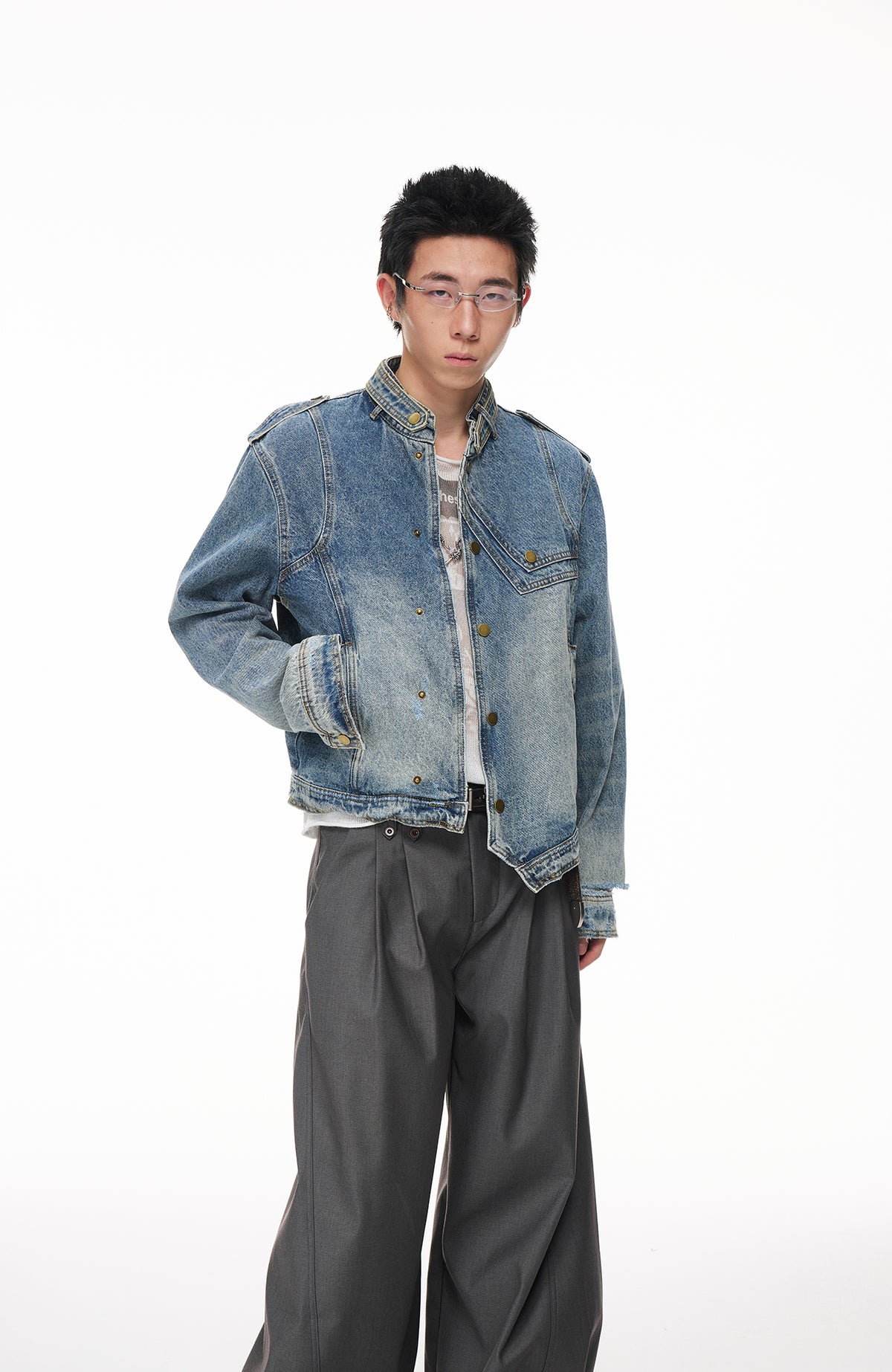 BOTANIC Washed Distressed Denim Biker Jacket