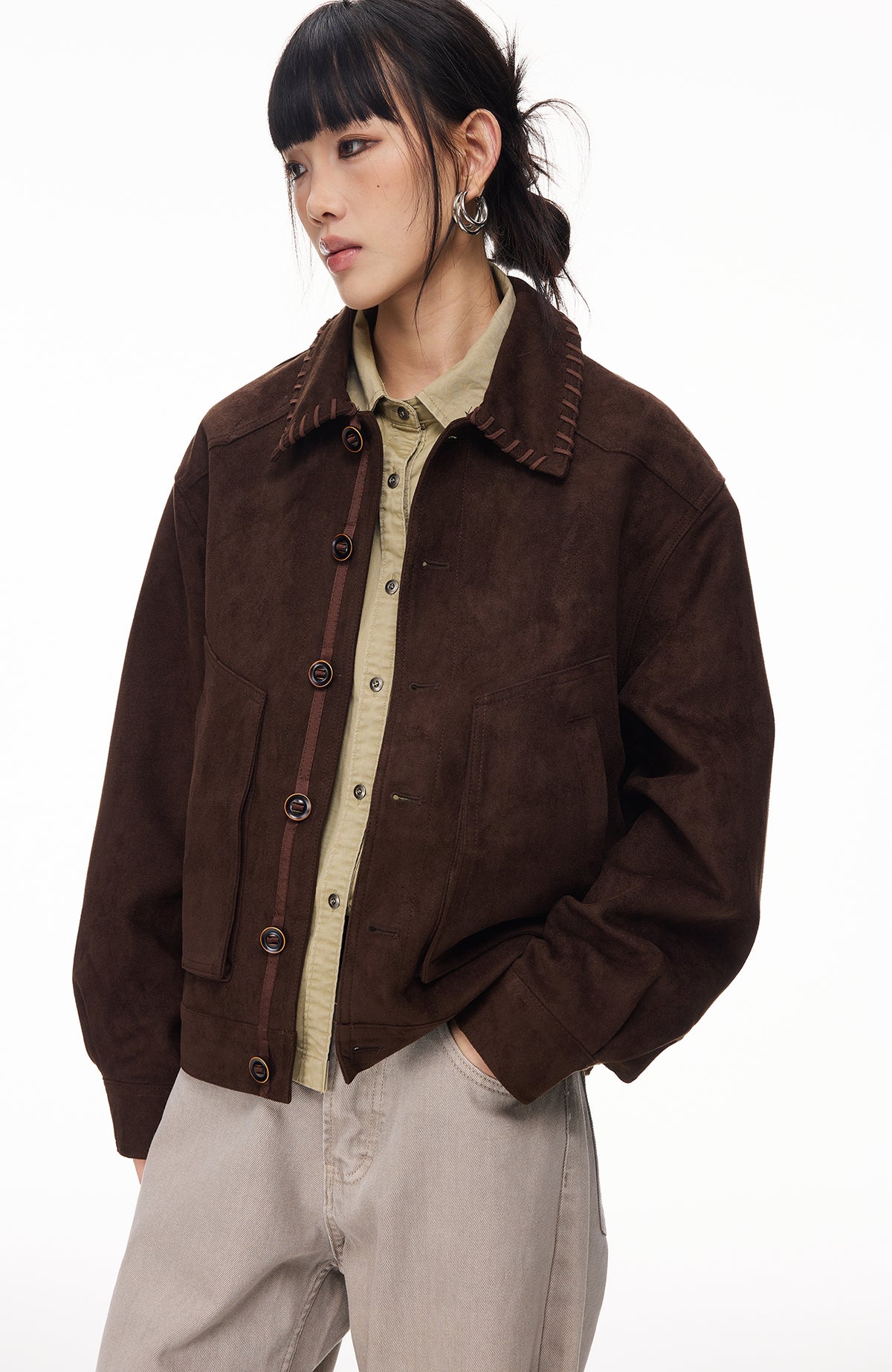BOTANICA Retro Faux Suede Flap-Pocket Biker Jacket